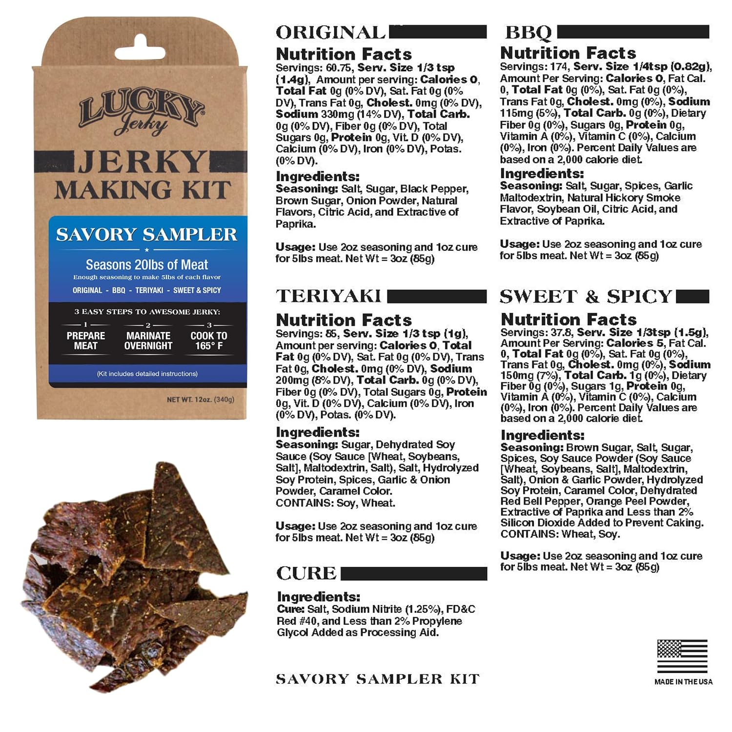 Lucky Jerky Ultimate Savory DIY Beef Jerky Seasoning and Cure Kit, 12 Oz | Make Your Own with Original, BBQ, Teriyaki, and Sweet & Spicy, Seasons 5 lbs per Flavor, 20 lbs Total