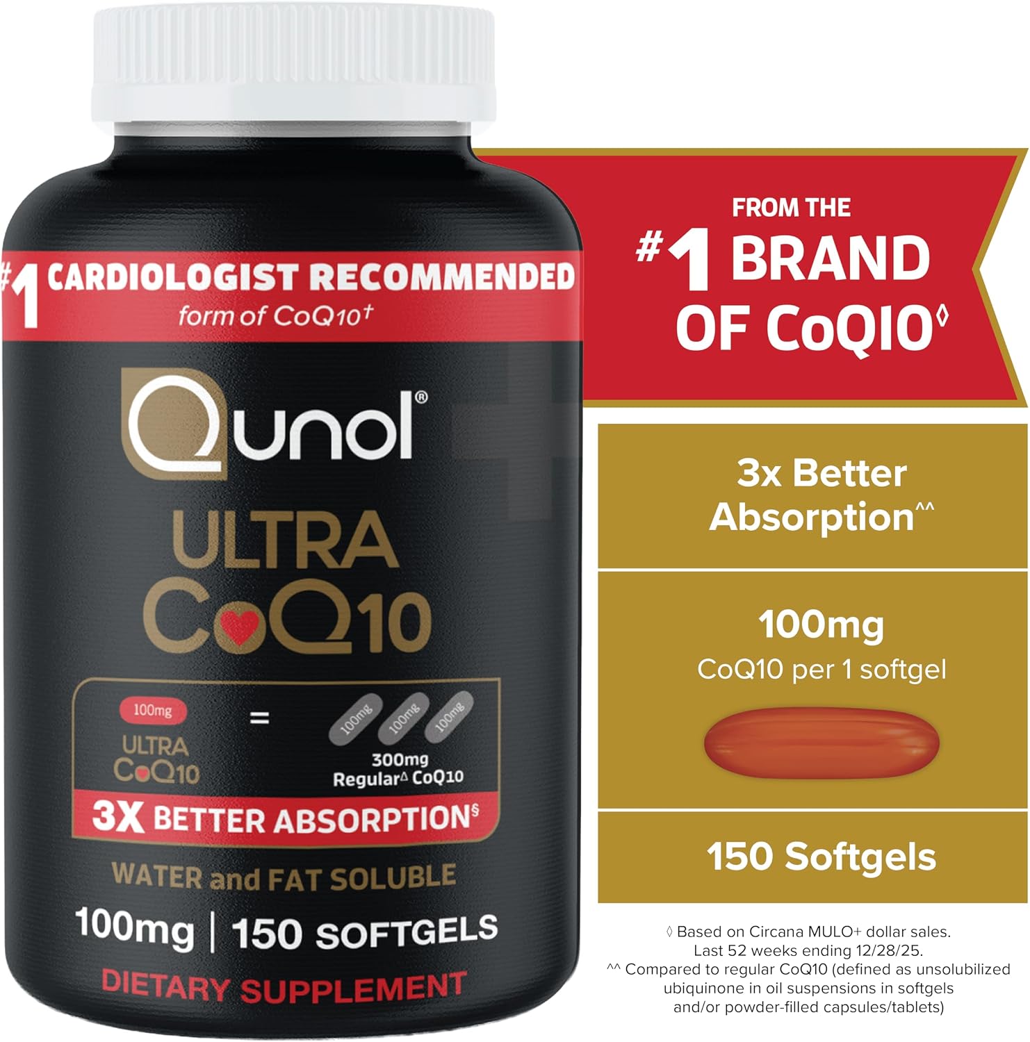 Qunol Ultra CoQ10 100mg, 3X Better Absorption, Antioxidant, 240 Softgels | #1 Cardiologist Recommended Supplement for Heart Health, Coenzyme Q10 Supplement to support Vascular Health & Cellular Energy