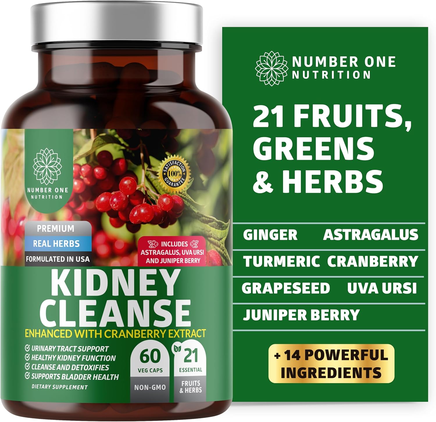 Kidney Support 21 Herbs with Cranberry Astragalus Uva Ursi, 60 Caps
