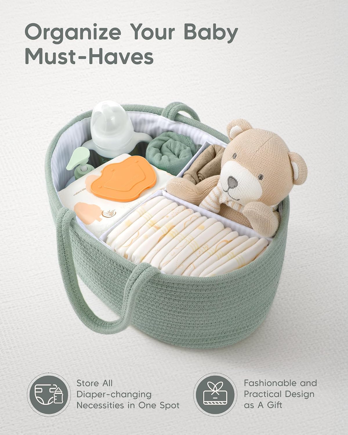 Maliton Diaper Caddy Organizer for Baby, Cotton Rope Baby Gift Basket, Portable Diaper Organizer for changing table, Nursery Storage Organizer
