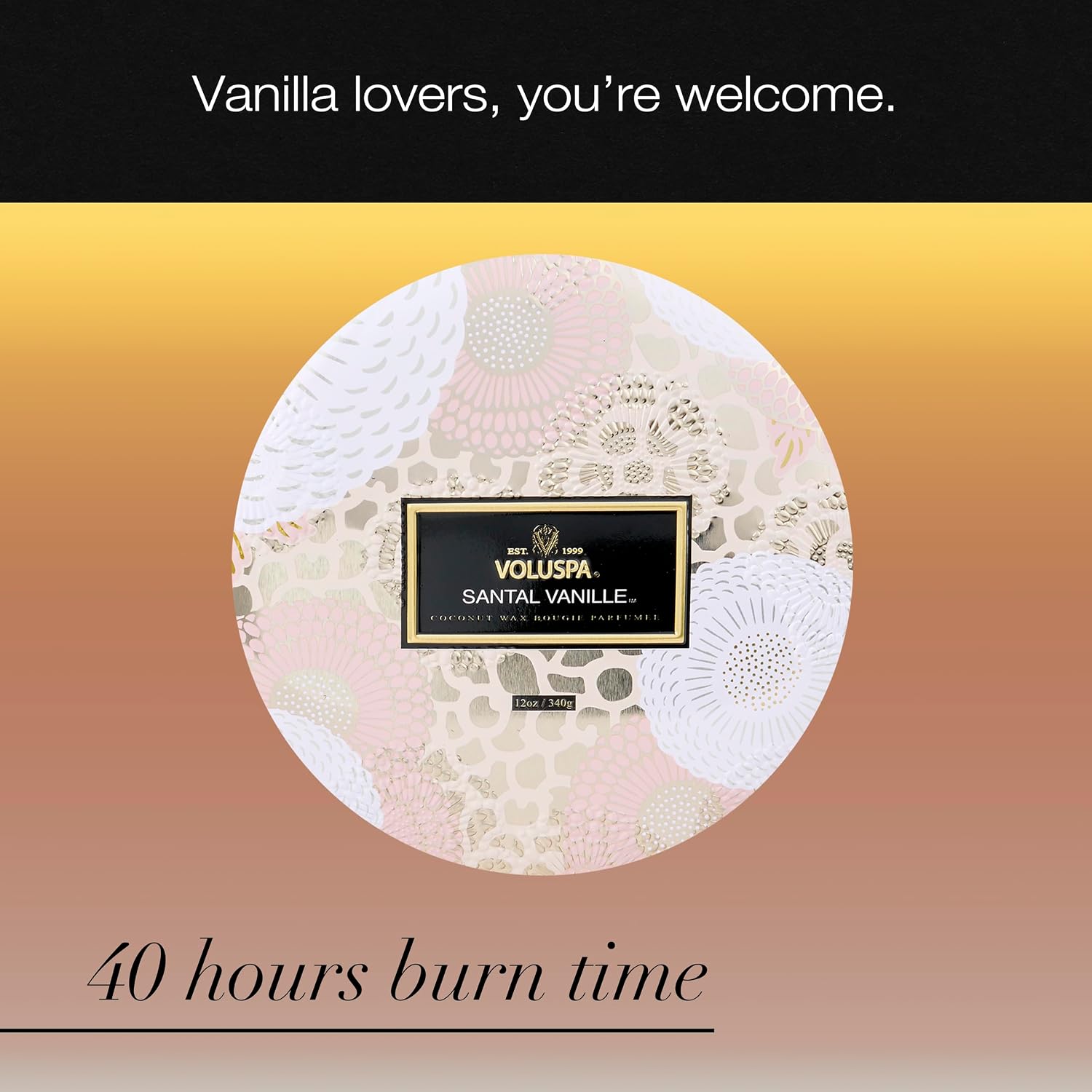Voluspa Santal Vanille, 3 Wick Tin Candle, 12 oz, 40 Hour Burn Time, Coconut Wax for Clean Burning, Handcrafted in the USA