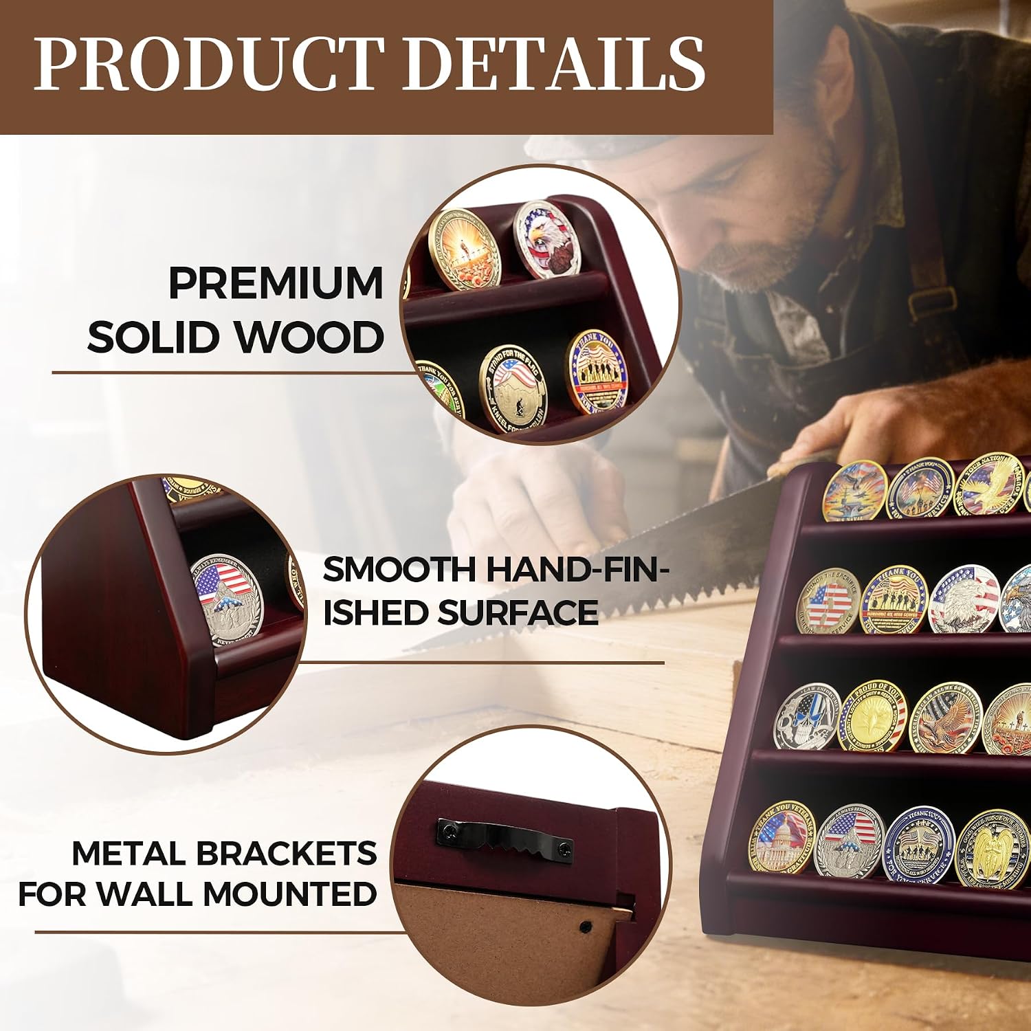 ASmileIndeep 3 Rows Wooden Challenge Coin Wall Display Stand - Military Coin Holder Army Coins Rack, Holds 21-24 Coins, Mahogany