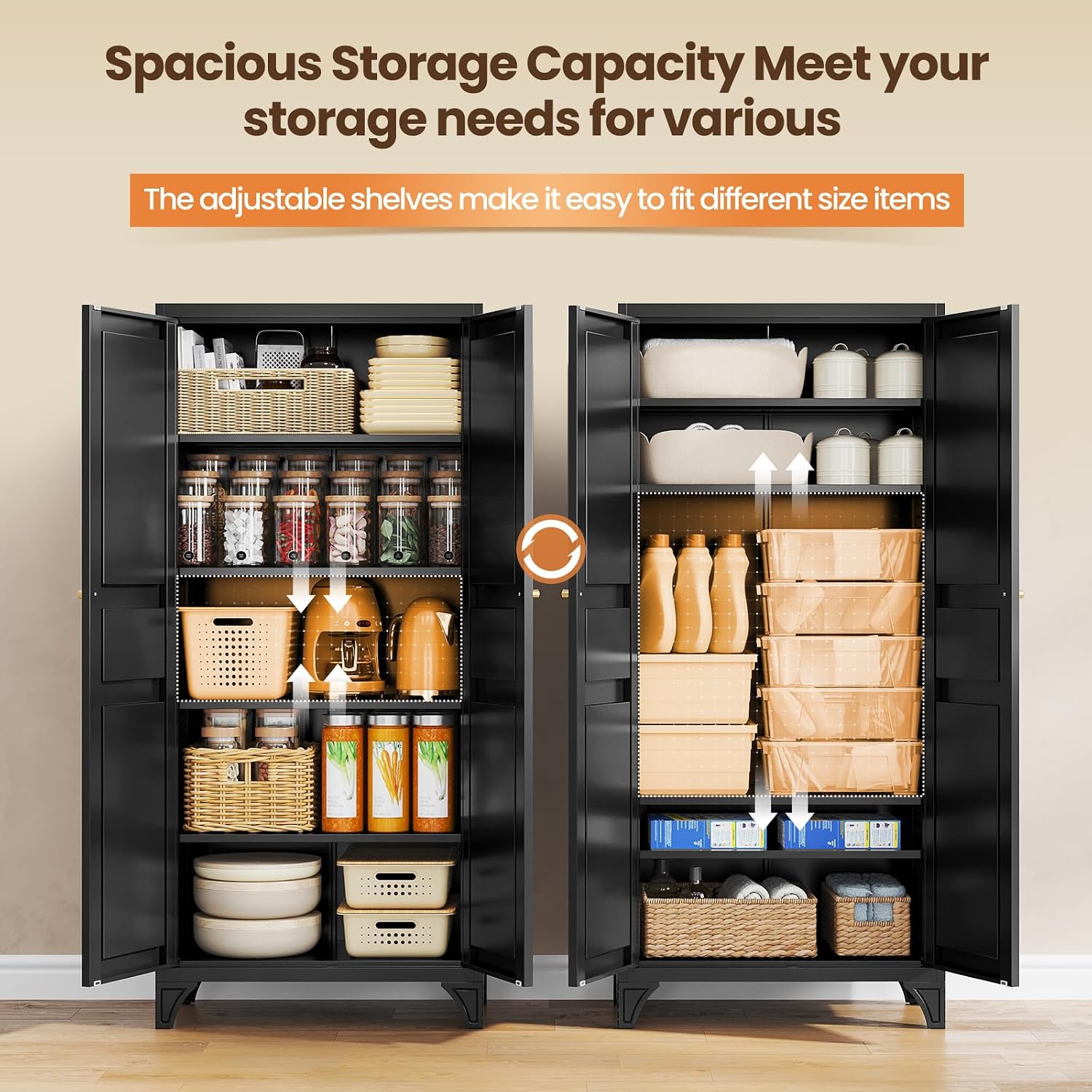 Metal Storage Cabinet with 2 Doors and 4 Adjustable Shelves - 61" White Kitchen Pantry Storage 5-Tier Tall Steel Cabinets Locker for Kitchen, Living Room, Dining Room