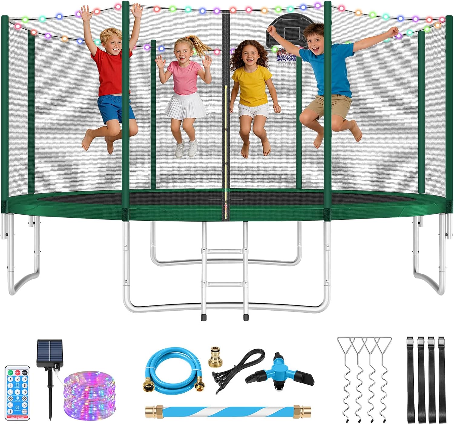 10 12 14 16FT Trampoline Outdoor, Light/Sprinkler/Basketball Hoop | Large Recreational Trampoline for Kids and Adults, Heavy Duty Yard Trampolines with Enclosure Net, ASTM Approval