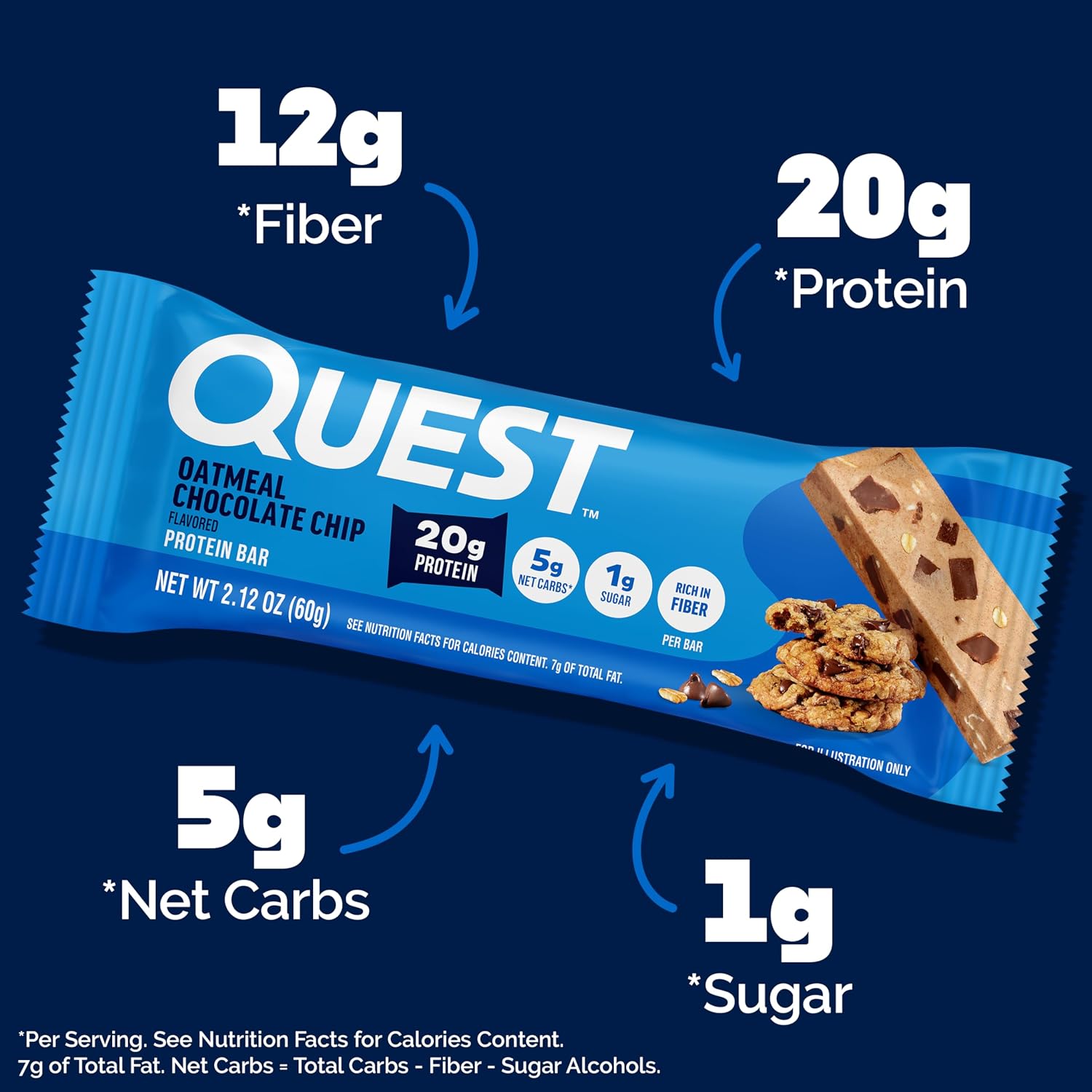 Quest Nutrition Oatmeal Chocolate Chip Protein Bars, 20g Protein, 12 Count | 12g Fiber, 5g Net Carbs, 1g Sugar, Gluten Free, High Quality Protein, Soft and Chewy, Individually Wrapped 2.12oz Bars