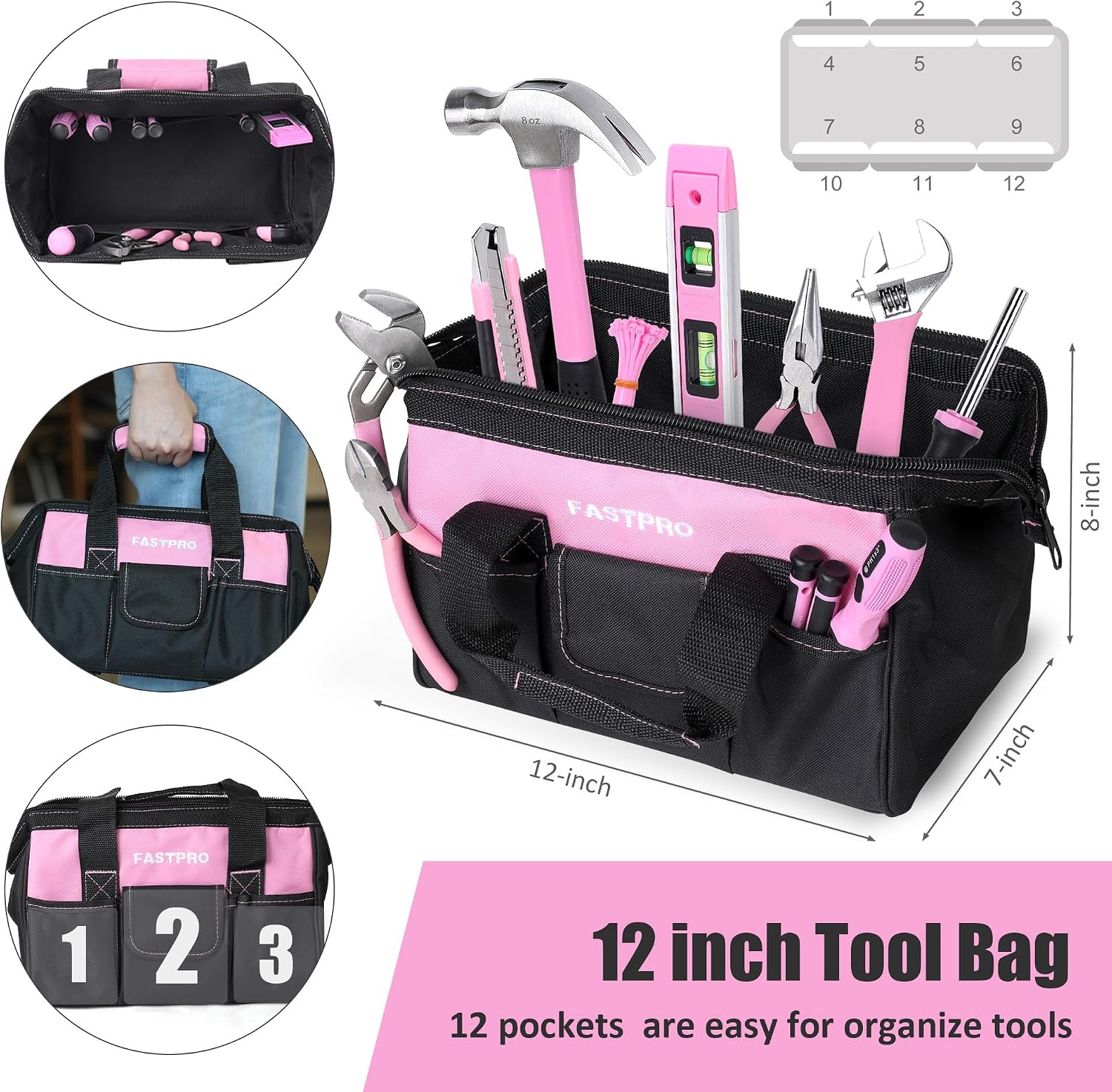 FASTPRO 215-Piece Home Repairing Tool Set with 12-Inch Wide Mouth Open Storage Bag, Household Hand Tool Kit,Red