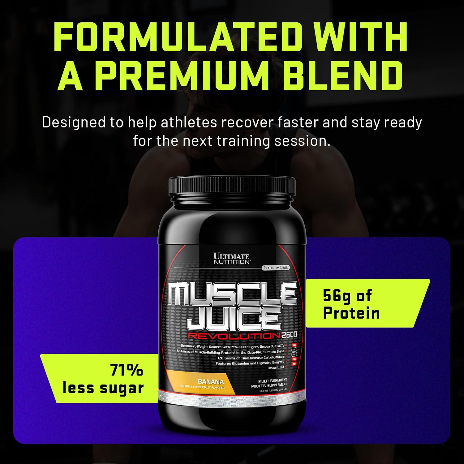 Ultimate Nutrition Muscle Juice Revolution 2600 Weight Gainer, Muscle Recovery with Glutamine, Micellar Casein and Time Release Complex Carbohydrates, Banana Protein Powder, 4.69 Pounds | 70g Octo-PRO™ Protein Blend, 175g Time-Release Carbs, 1000mg Gluta…