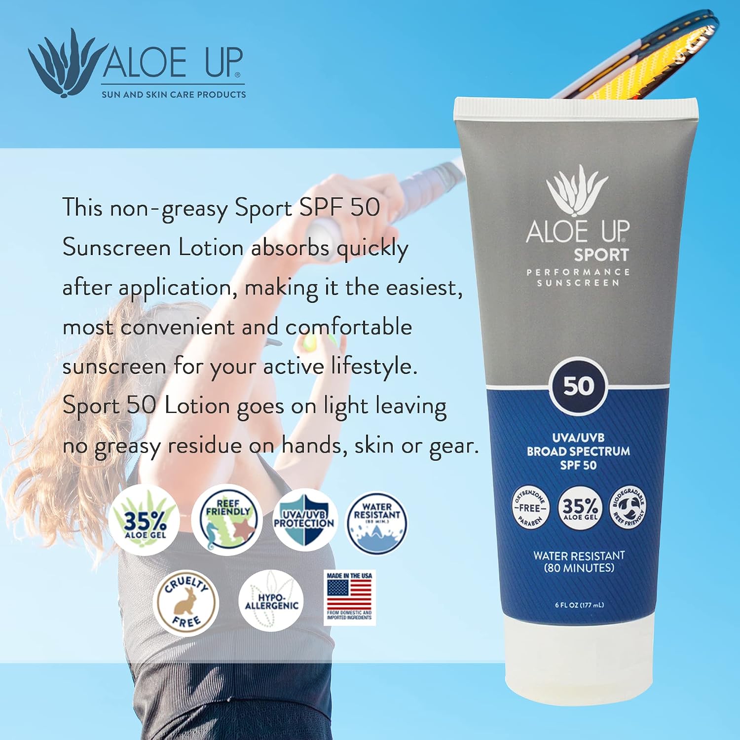 Aloe Up Sport Sunscreen Spray SPF 30, Water Resistant, Non-greasy, 6 oz | Broad-spectrum SPF 30; Water resistant up to 80 min; Non-greasy, With aloe vera gel, fragrance-free