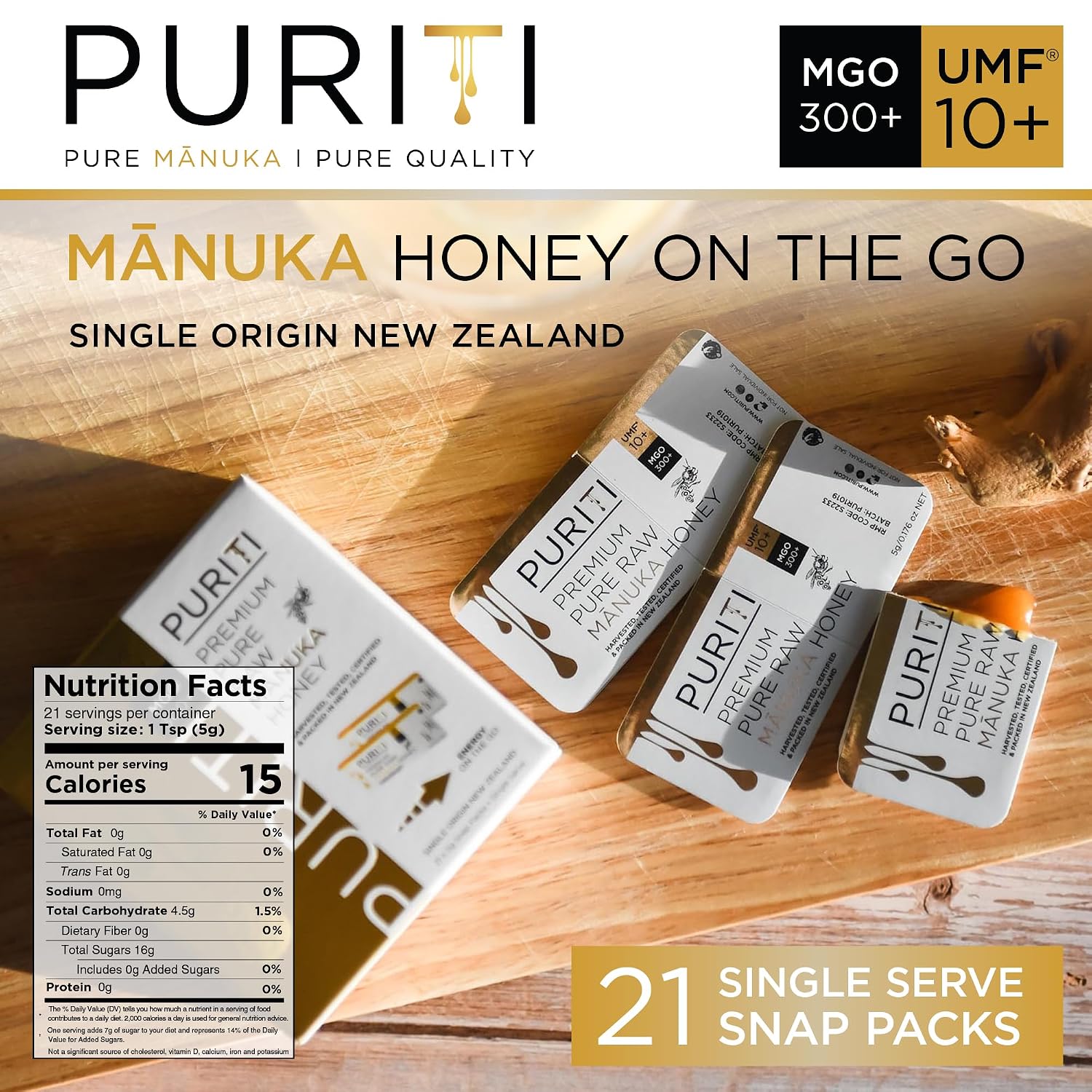PURITI Genuine Raw Manuka Honey Snaps On The Go - UMF 10+ (MGO300+) 21 x 0.18oz Individual Snap Packets, Single Serve Honey Sticks for Tea