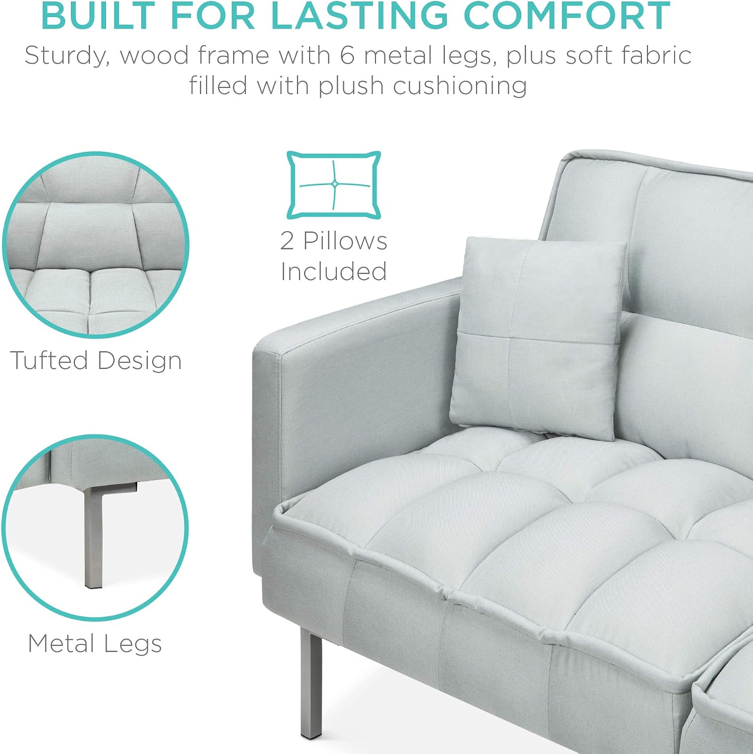 Best Choice Products Convertible Linen Fabric Tufted Split-Back Plush Futon Sofa Furniture for Living Room, Apartment, Bonus Room