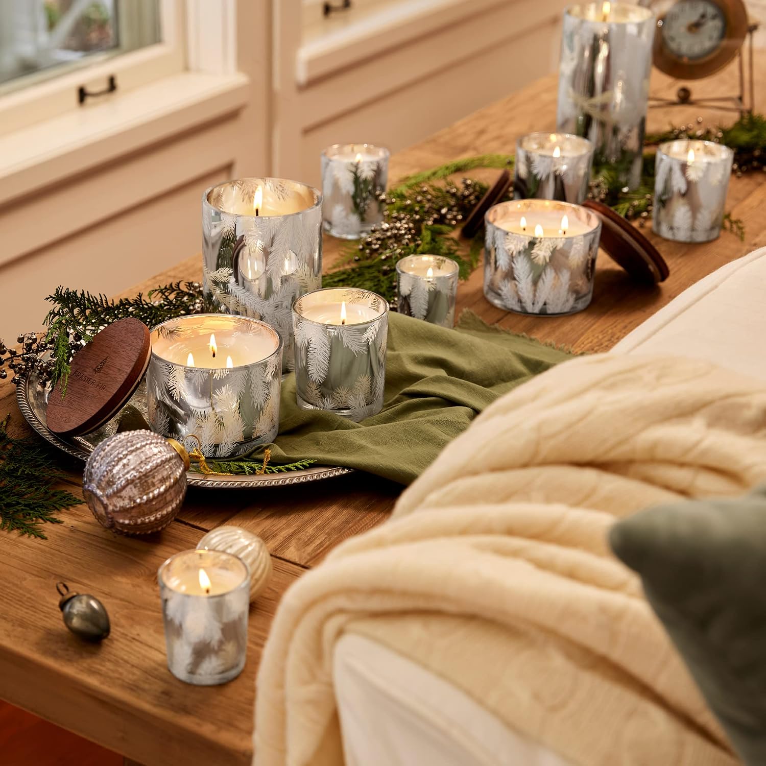 Thymes Frasier Fir Candles - Statement Collection - Silver with Pine Needle Design - Scented Candles for Home Decor - Notes of Siberian Fir Needles, Cedarwood & Sandalwood - Large 4 Wick (40 oz)
