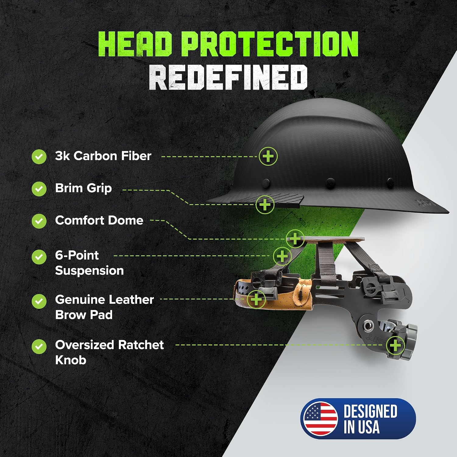 LIFT SAFETY Dax Carbon Fiber Full Brim Hard Hat | Safety/Construction Helmet w/ 6 Point Suspension for Comfort & Impact Protection