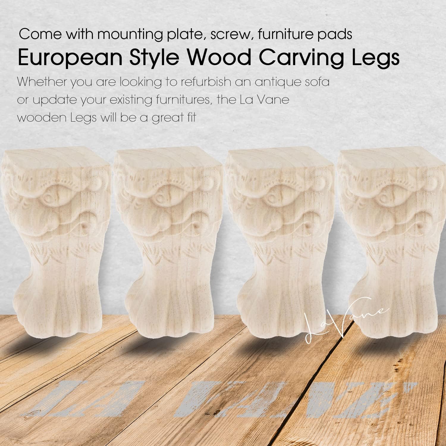 La Vane 6 inch / 15cm Wooden Furniture Legs, Set of 4 European Style Solid Wood Carving Furniture Replacement Feet Decoration for Sofa Cabinet Wardrobe Table Loveseat