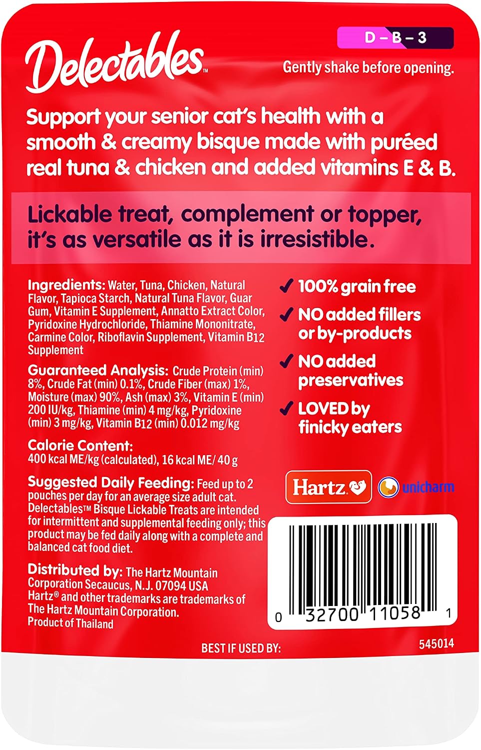 Delectables Lickable Treat Bisque Senior 10+ Wet Cat Treat with Real Tuna & Chicken, Food Topper, Hydrating, Grain-Free, No Fillers, By-Products, Added Preservatives, 1.4oz Pouch, 12ct