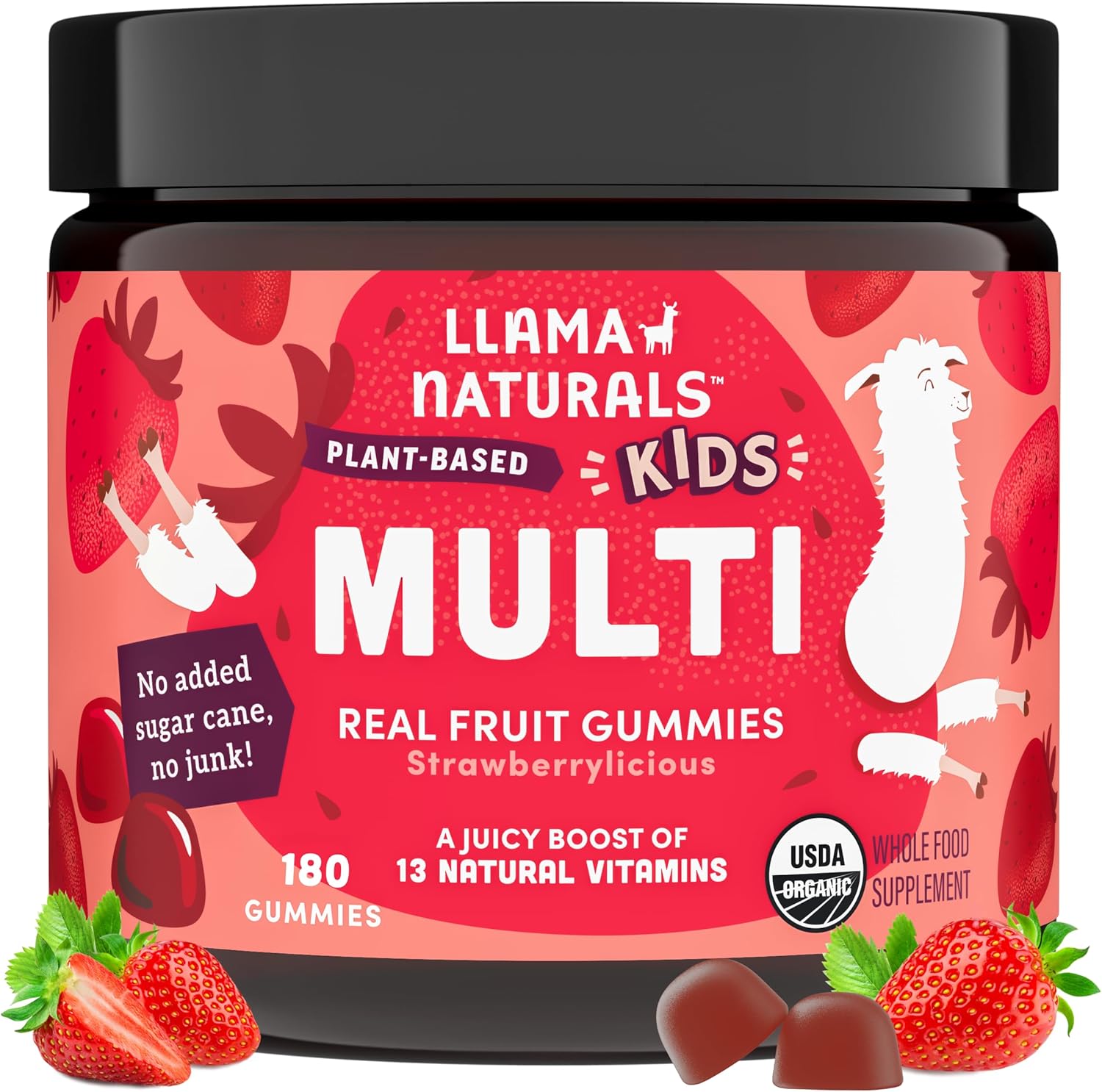 Llama Naturals Kids Multivitamin Gummies | Real Fruit, No Added Sugar Cane | Organic Vegan Toddler Whole Food Vitamins | Vitamin D, C & Beta Carotene Gummy Supplement | Cherry 90 Ct (1-2 Months)
