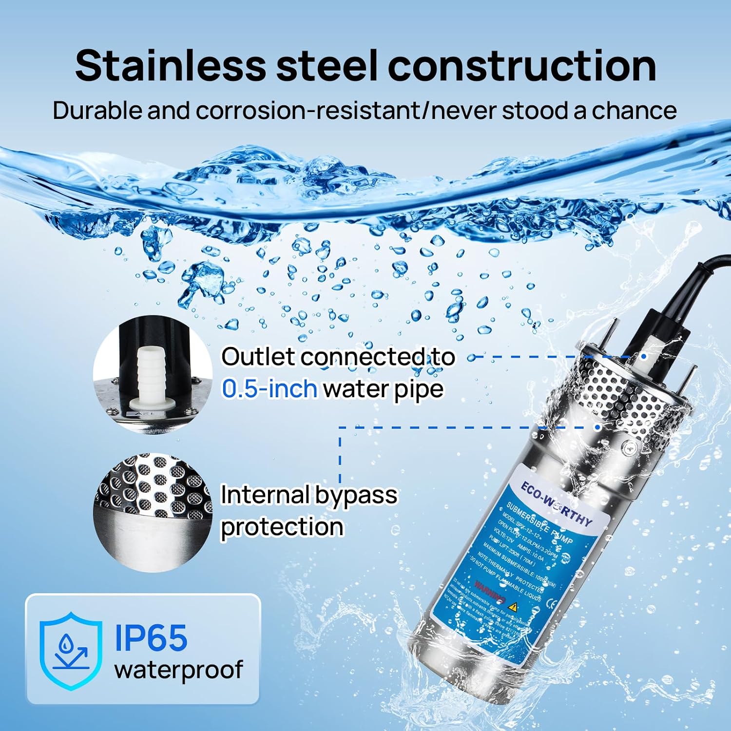 ECO-WORTHY 24V Submersible Deep Well Water Pump with 10ft Cable 1.6GPM 4'' 5A, Max Lift 230ft/70m, DC Pump/Alternative Energy Solar Battery Farm & Ranch Submersible Deep Well Pump