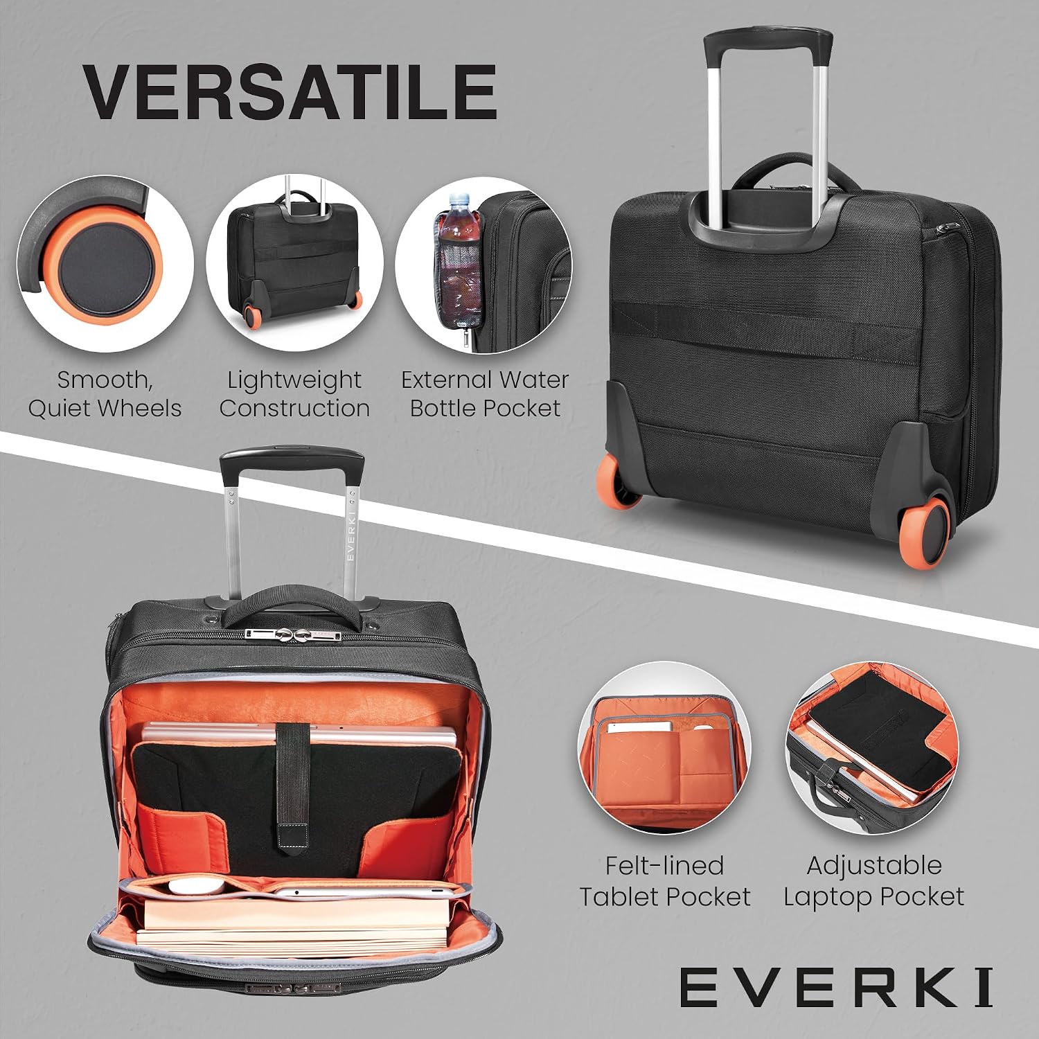 EVERKI Journey Rolling Laptop Briefcase for Men & Women, Black - 27L | Ballistic Nylon, Carry On Luggage w/ Wheels, Business & Travel - Friendly