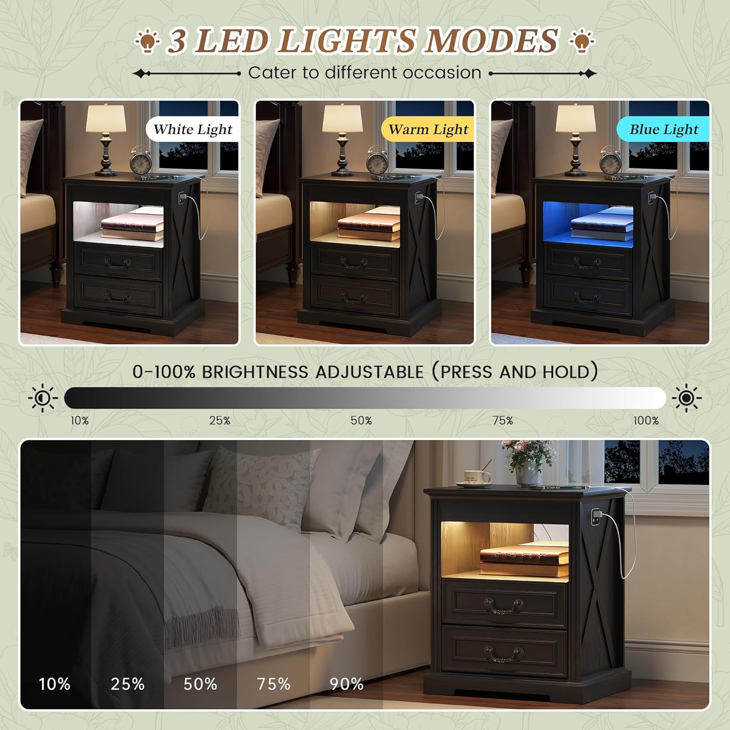 Dystler Nightstand with Hidden Gun Safe Drawer, Charging Station & LED Lights