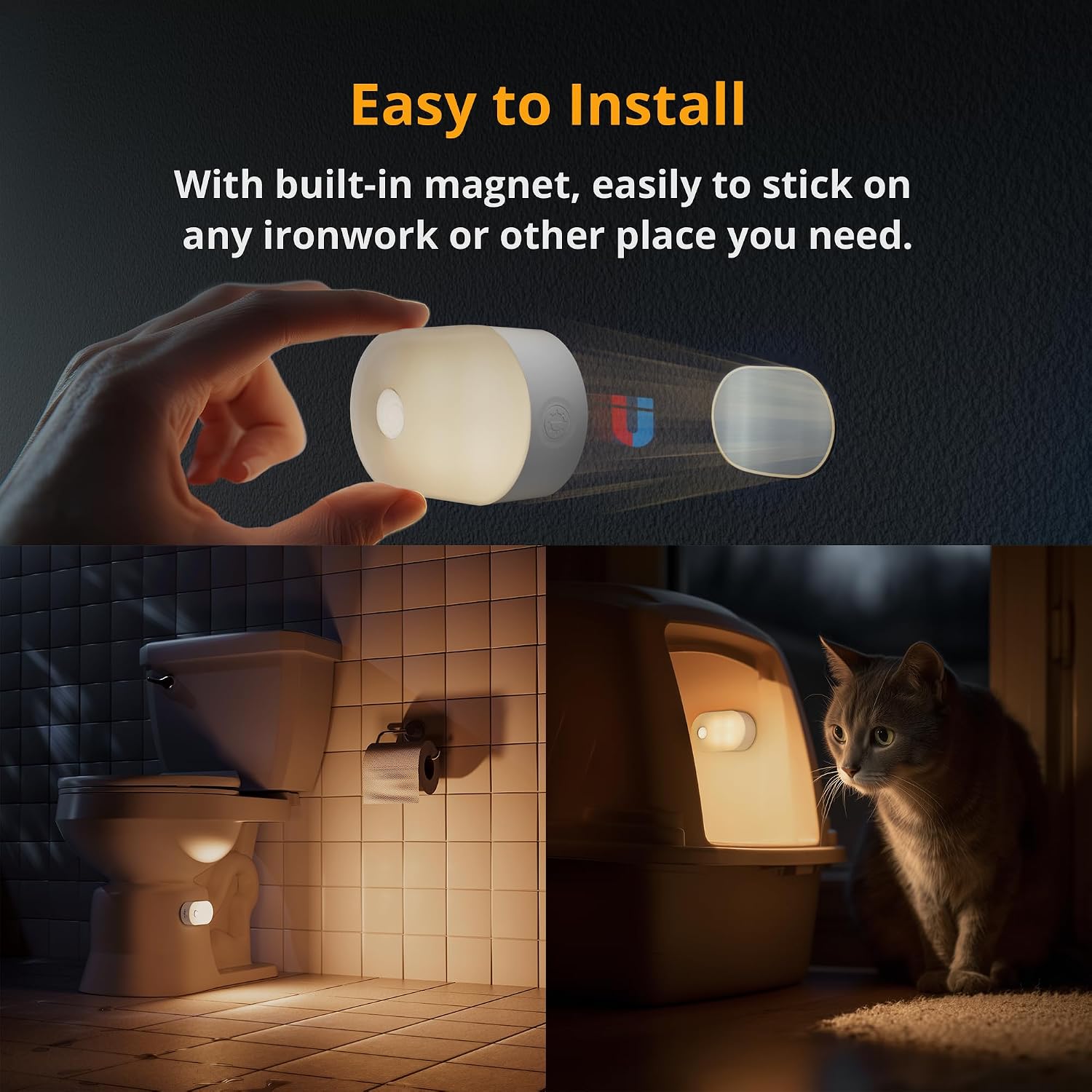 Lyridz Rechargeable Battery Night Light with Motion Sensor, Portable Mini Warm White LED Stick-on Closet Light, Adjustable Brightness for Bathroom