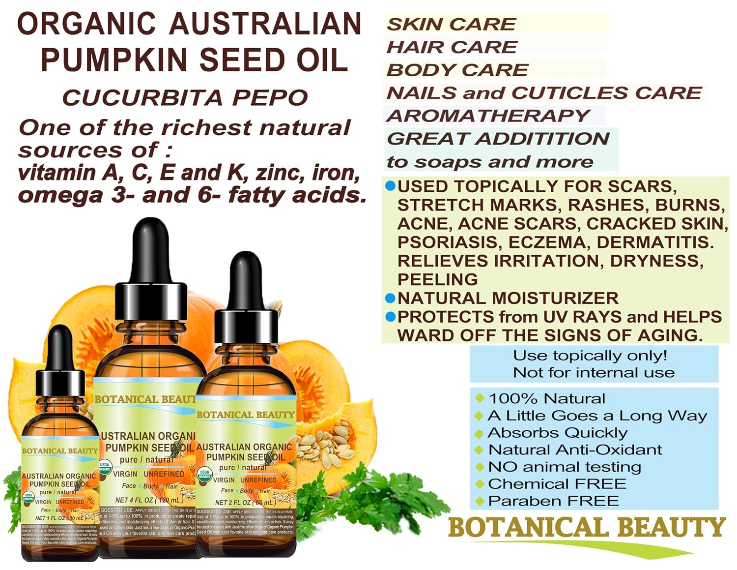 Botanical Beauty Australian ORGANIC PUMPKIN SEED OIL 100% Pure Natural Virgin Unrefined Cold Pressed Carrier Oil. 1 Fl.oz.- 30 ml. for Face, Skin, Hair, Lip, Nails
