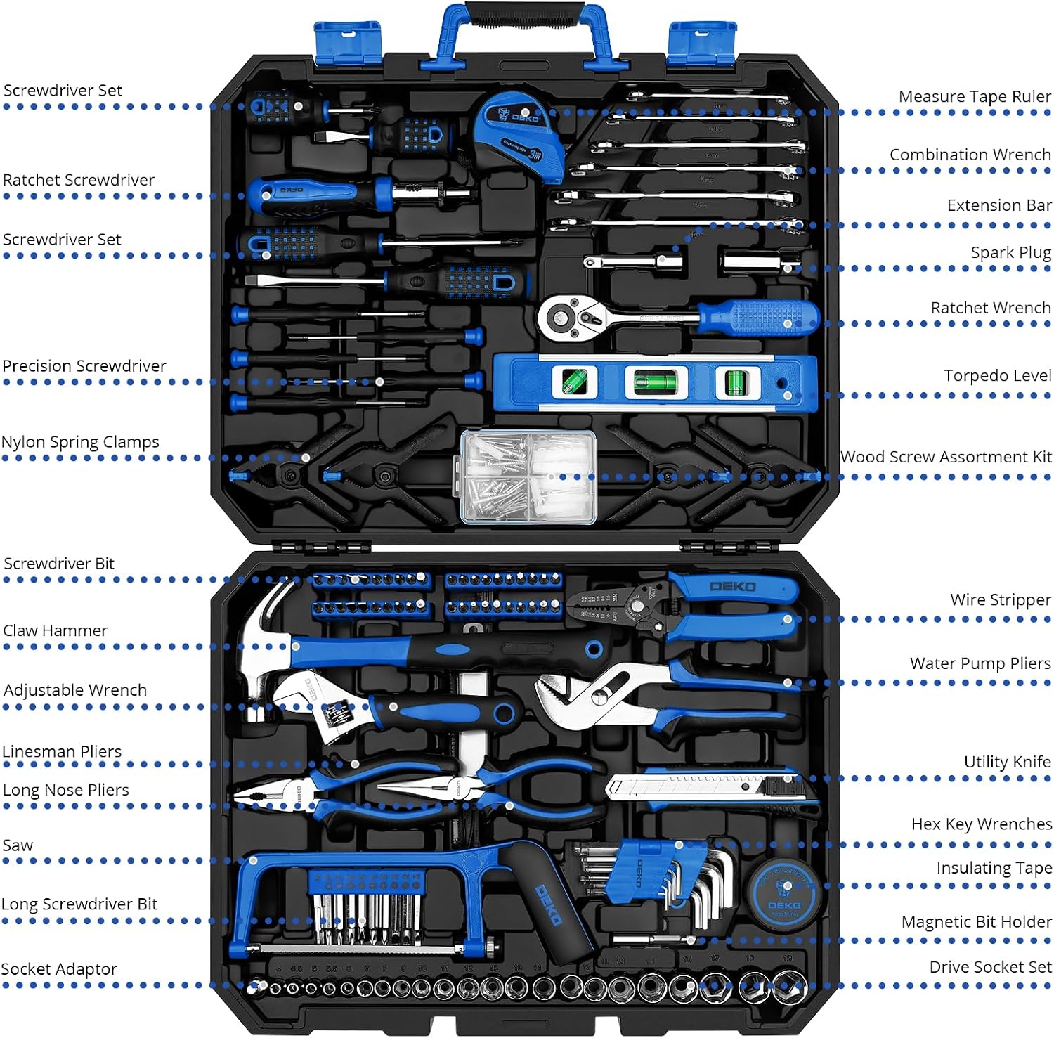 DEKOPRO 228 Piece Socket Wrench Auto Repair Tool Combination Package Mixed Tool Set Hand Tool Kit with Plastic Toolbox Storage Case