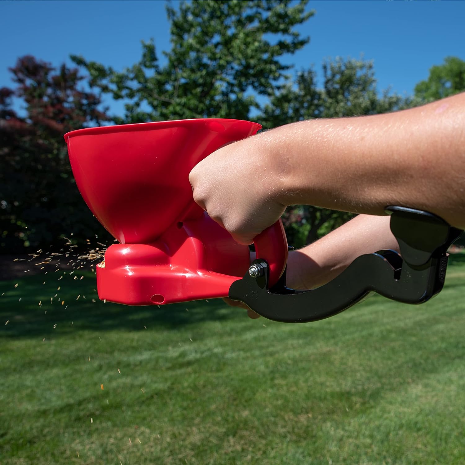 EarthWay 16014 LB Red Ergonomic Hand Spreader with Built-in Ergonomic Armrest and Trigger for Comfort and Adjustable Reel Control and Sealed Gearbox