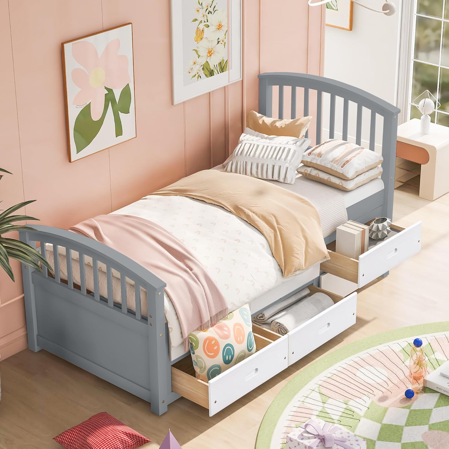 Merax Twin Size Platform Storage Bed Solid Wood Bed with 6 Drawers