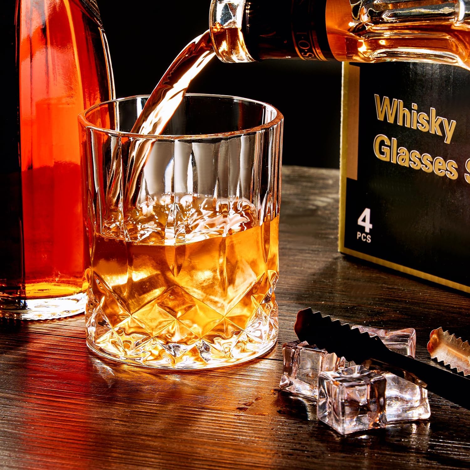 GLASKEY 12 oz Storm Japanese Whiskey Glasses Set of 4, Unique Cognac Glasses, Heavy Thick Bottom Bar Glass for Scotch Bourbon Rum Gin Water Cocktail,Gifts Men Gifts Ideas