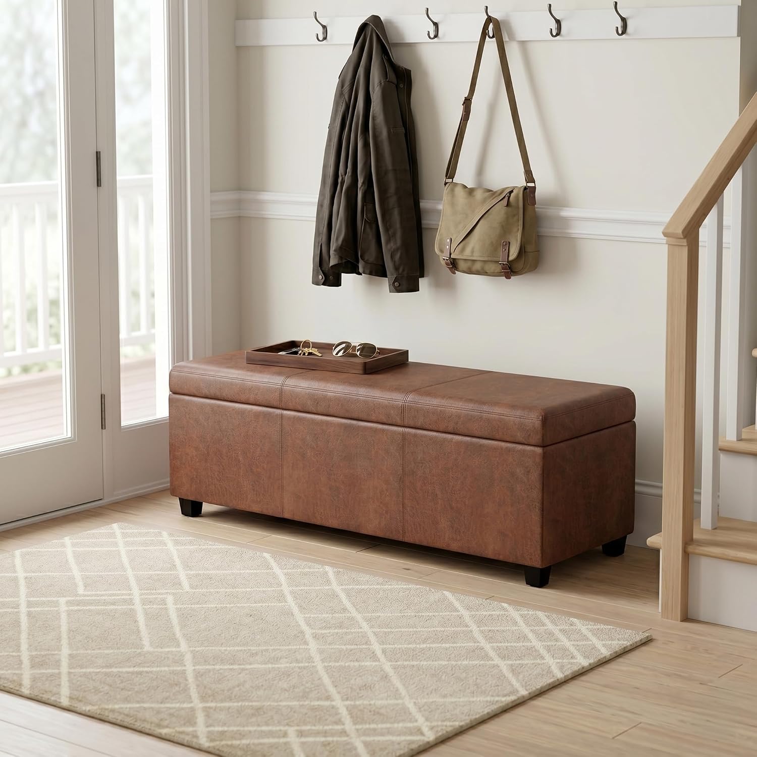 SIMPLIHOME Avalon 54" Wide Vegan Leather Storage Ottoman in Tanners Brown