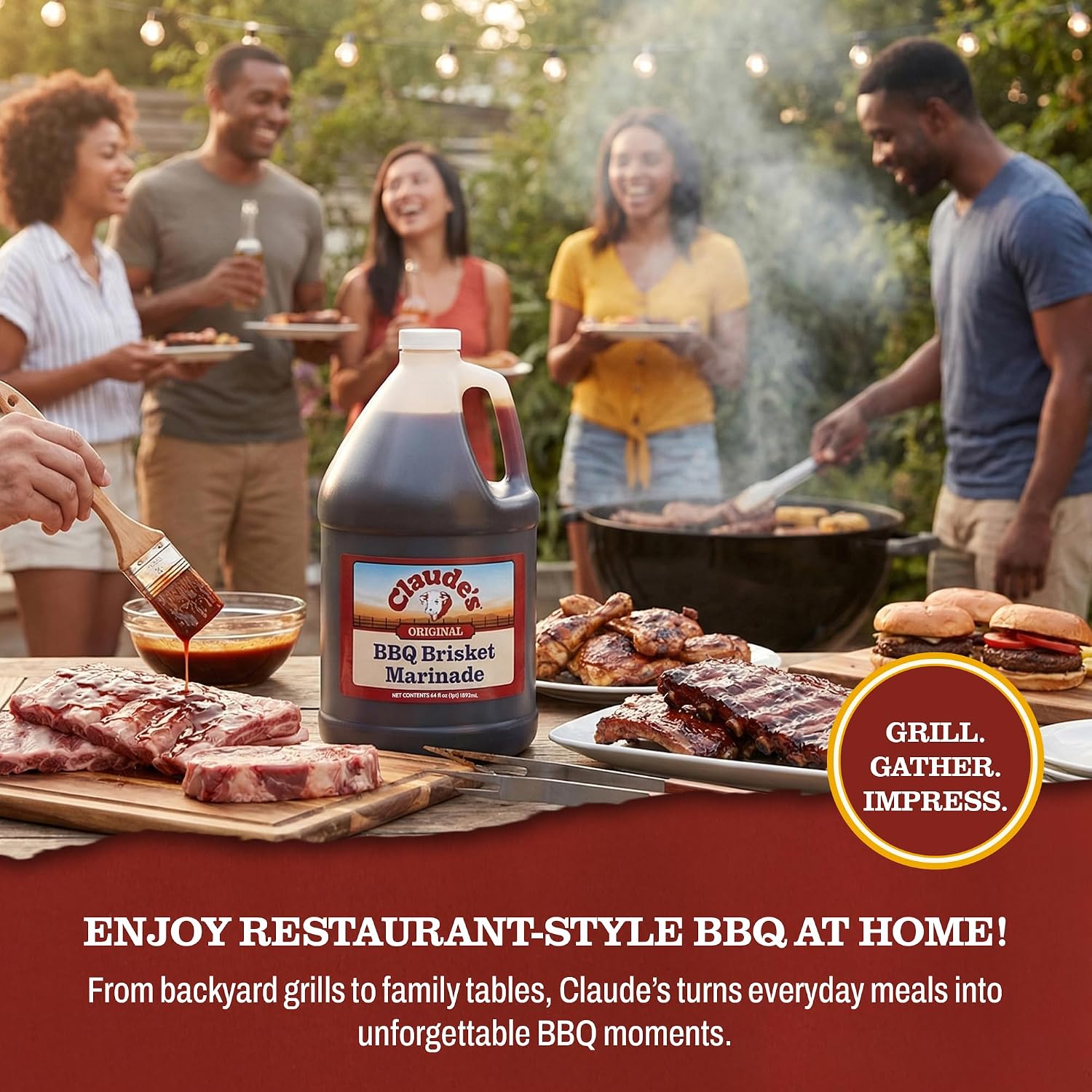 Claude's BBQ Brisket Marinade Sauce, Gluten Free Texas Style, 128 oz | Restaurant-size gallon of smoky Texas tenderizing brisket marinade - all natural & gluten free.