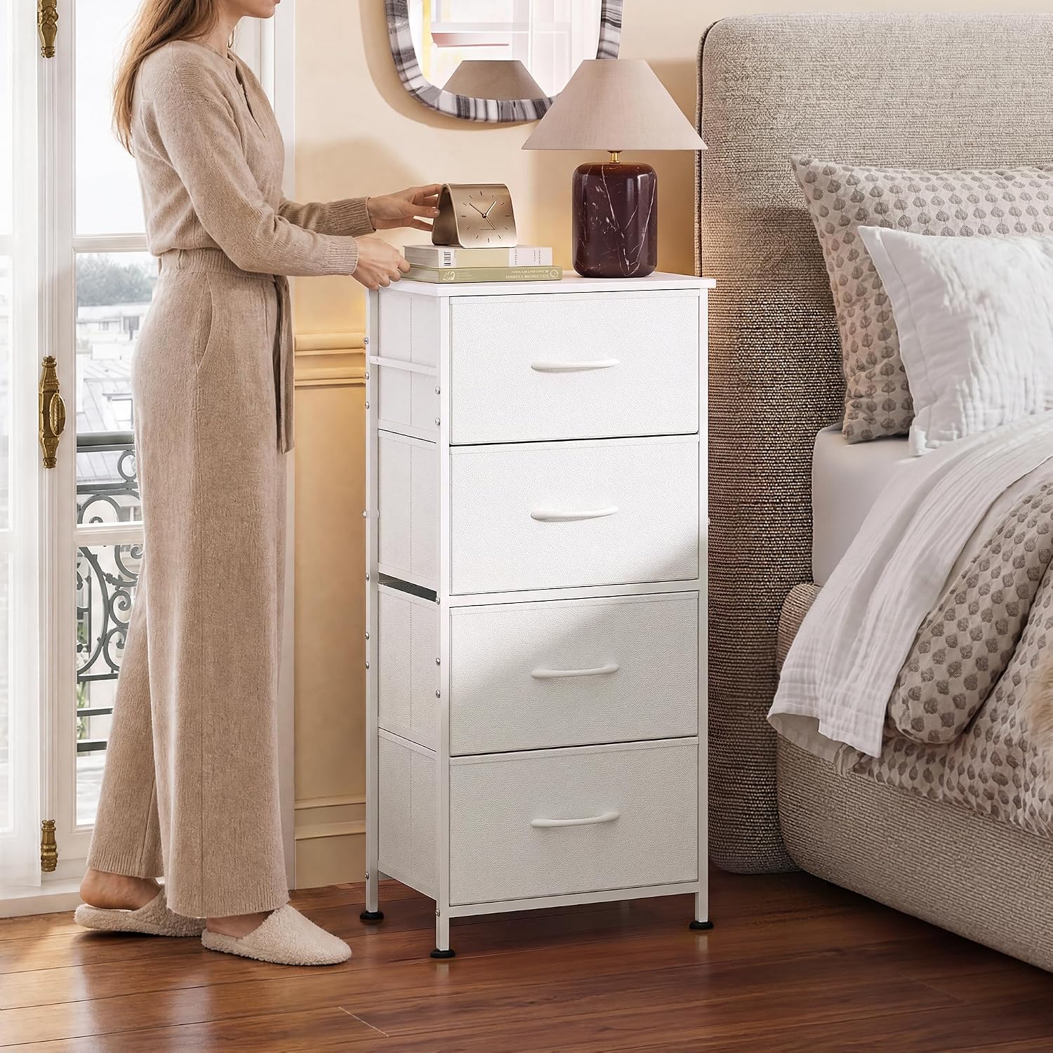 WLIVE Small Dresser Nightstand for Bedroom, 4 Drawers, Light Grey | 4 vertical fabric drawers, Space-saving tower, Bedroom or closet use, Chest of drawers, Dresser for small spaces