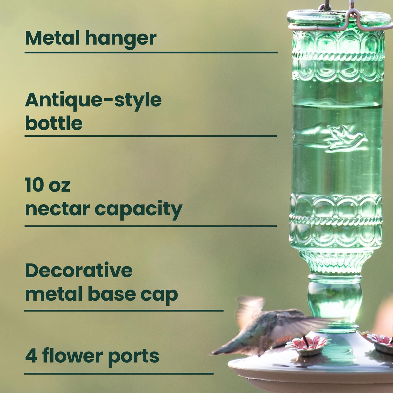 Perky-Pet Antique Glass Bottle Hummingbird Feeder, 10 oz Capacity, Green | 4 Feeding Ports for Outdoors Hanging Bird Feeders, Backyard Garden Décor