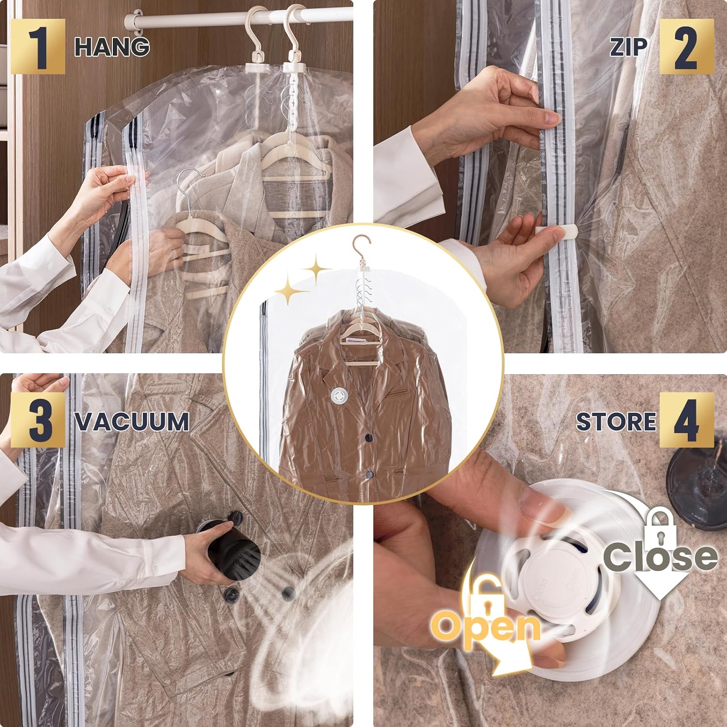 TAILI Hanging Vacuum Storage Bags, Space Save Vacuum seal bags for Clothing Travel, Suits and Jackets, Winter Coat Storage Closet Organizers, Set of 4 (2 Long, 2 Short), Clear