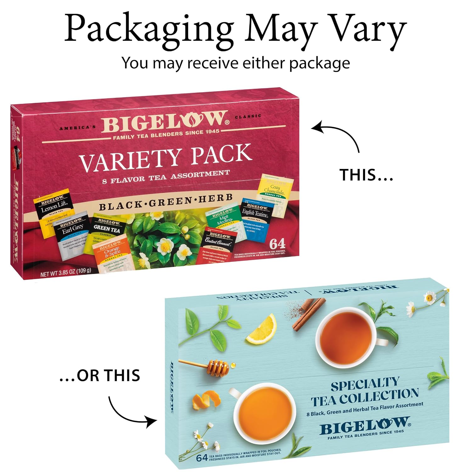Bigelow Tea Green Tea Assortment, 64 Count (Pack of 1) | Individually Wrapped Tea Bags with Classic, Decaffeinated, Mint, Peach, Constant Comment, Lemon, Mango, and Earl Grey Teas