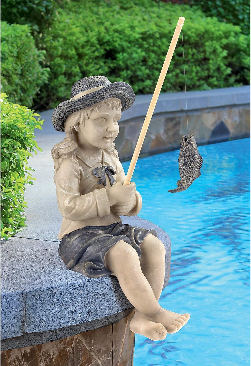 Design Toscano Frederic the Little Fisherman of Avignon Boy Fishing Garden Statue, 15 Inch Tall, Cast Stone Resin, Two Tone Stone Finish