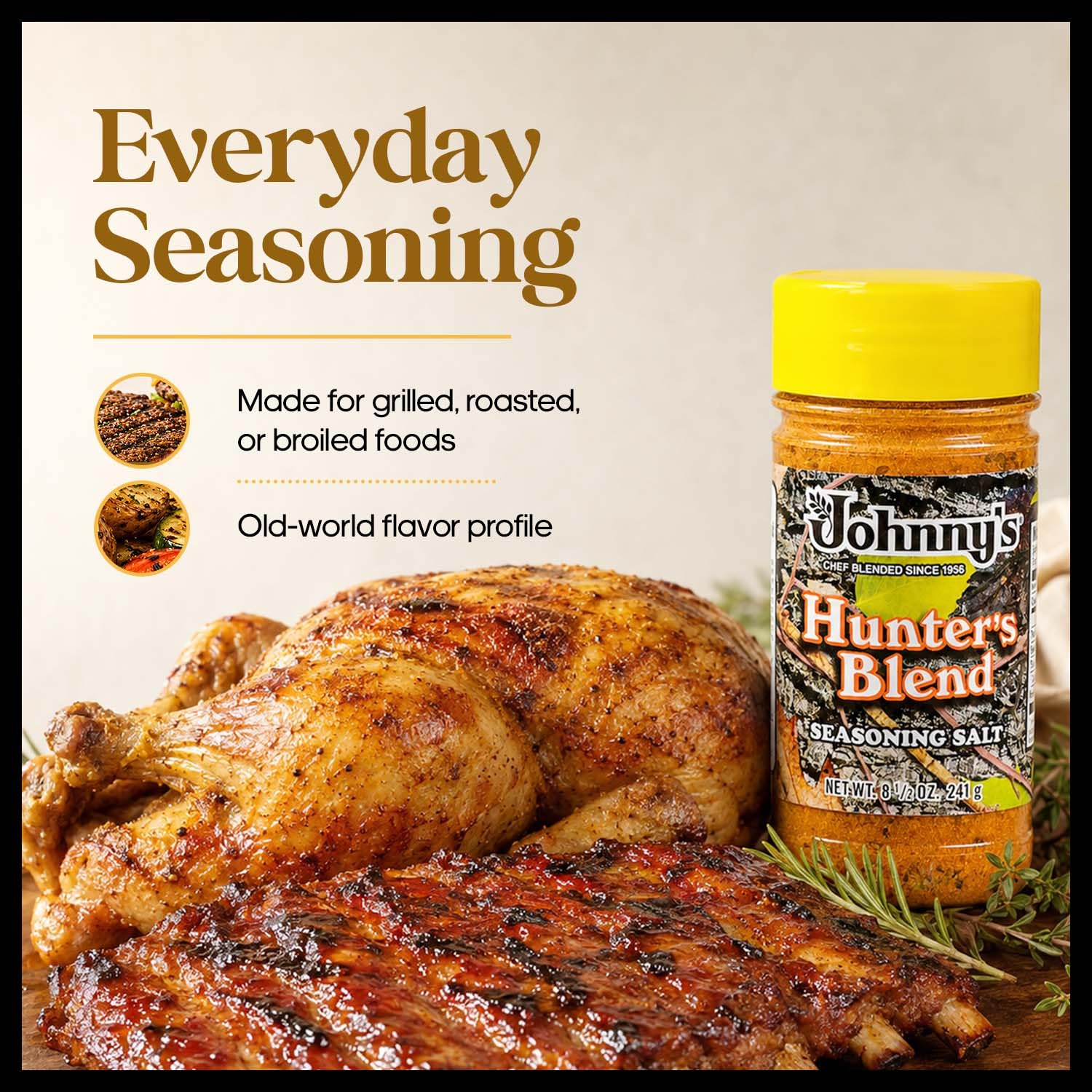 Johnny's - Hunter Seasoning Salt - 8.5 oz | Savory Seasoning Blend, Great For Wild Game, Beef, Poultry, Vegetables, Grilling
