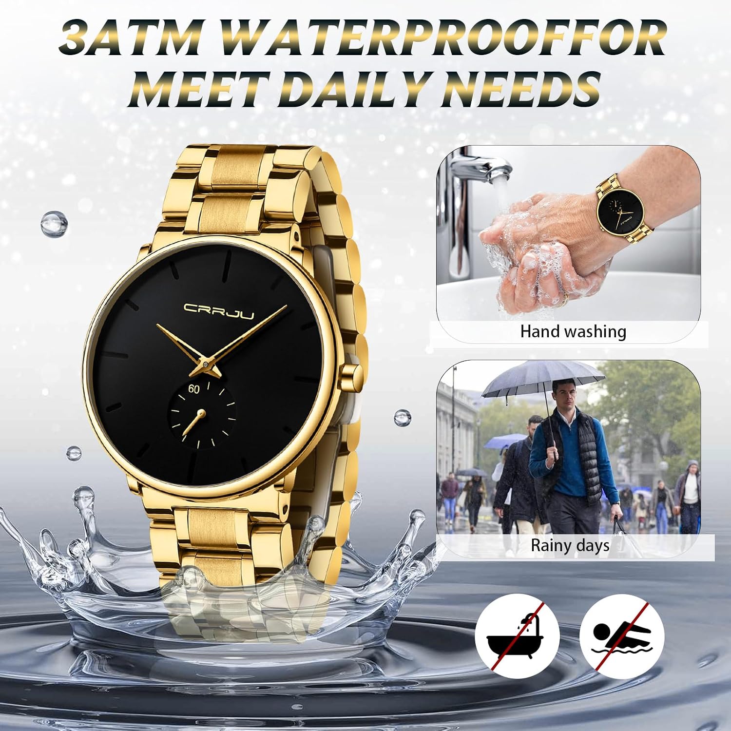 Mens Watches Ultra-Thin Minimalist Waterproof-Fashion Wrist Watch for Men Unisex Dress with Stainless Steel Band-Black Hands