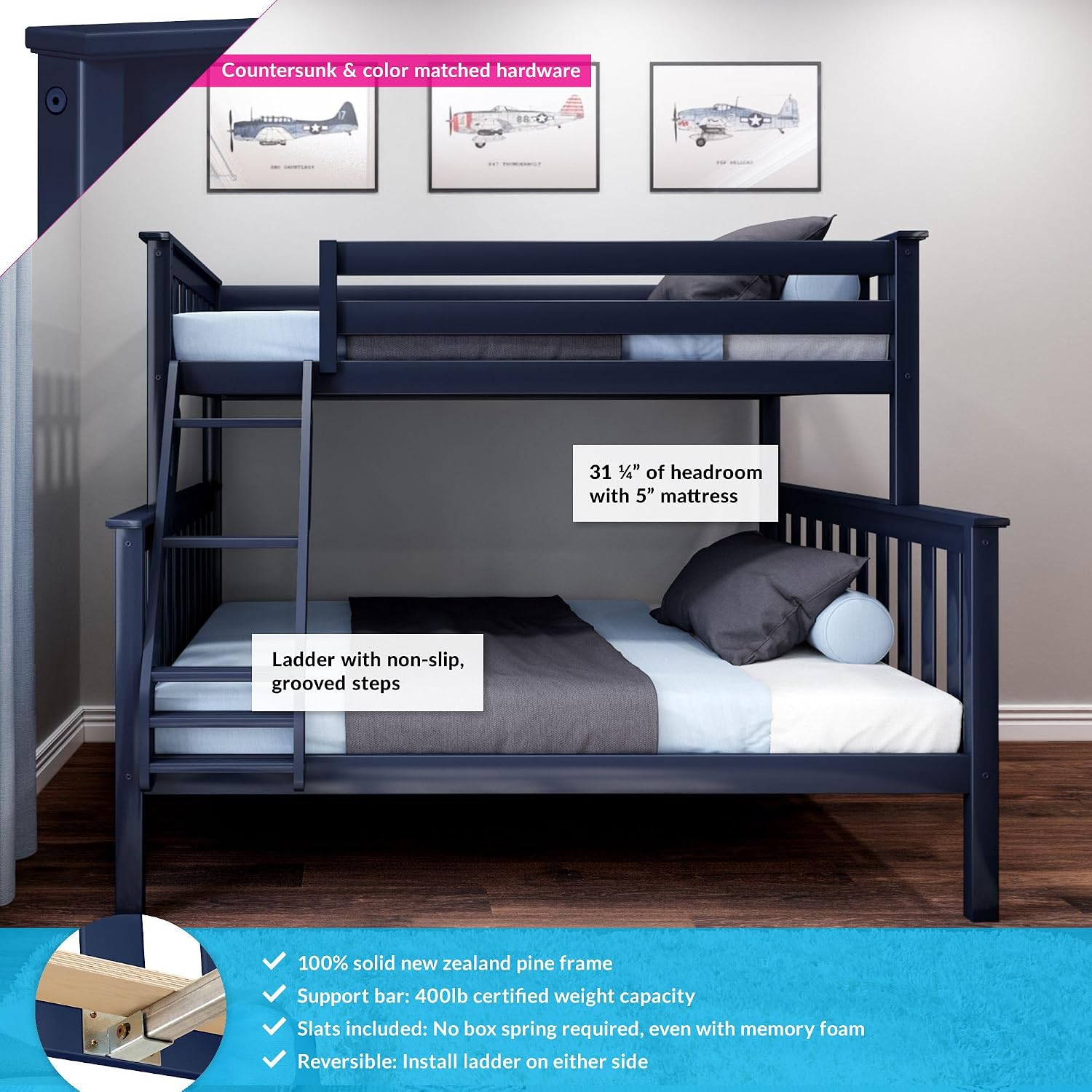 Max & Lily Bunk Bed Twin over Twin, Solid Wood Bunk Bed Frame with Ladder for Kids, 14" Safety Guardrails, Easy Assembly, No Box Spring Needed, White