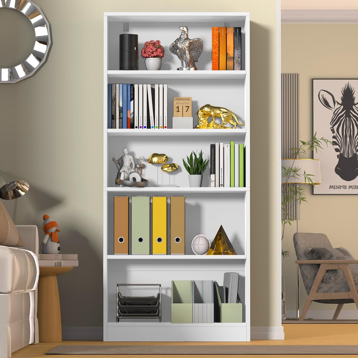holzart 71" Tall Book Shelf, 5 Tier Large Bookshelf, Standing Wood Display Book Shelf for Living Room, Office, Library with Doors, 31.5" W x 70.87" H x 11.81" D, White