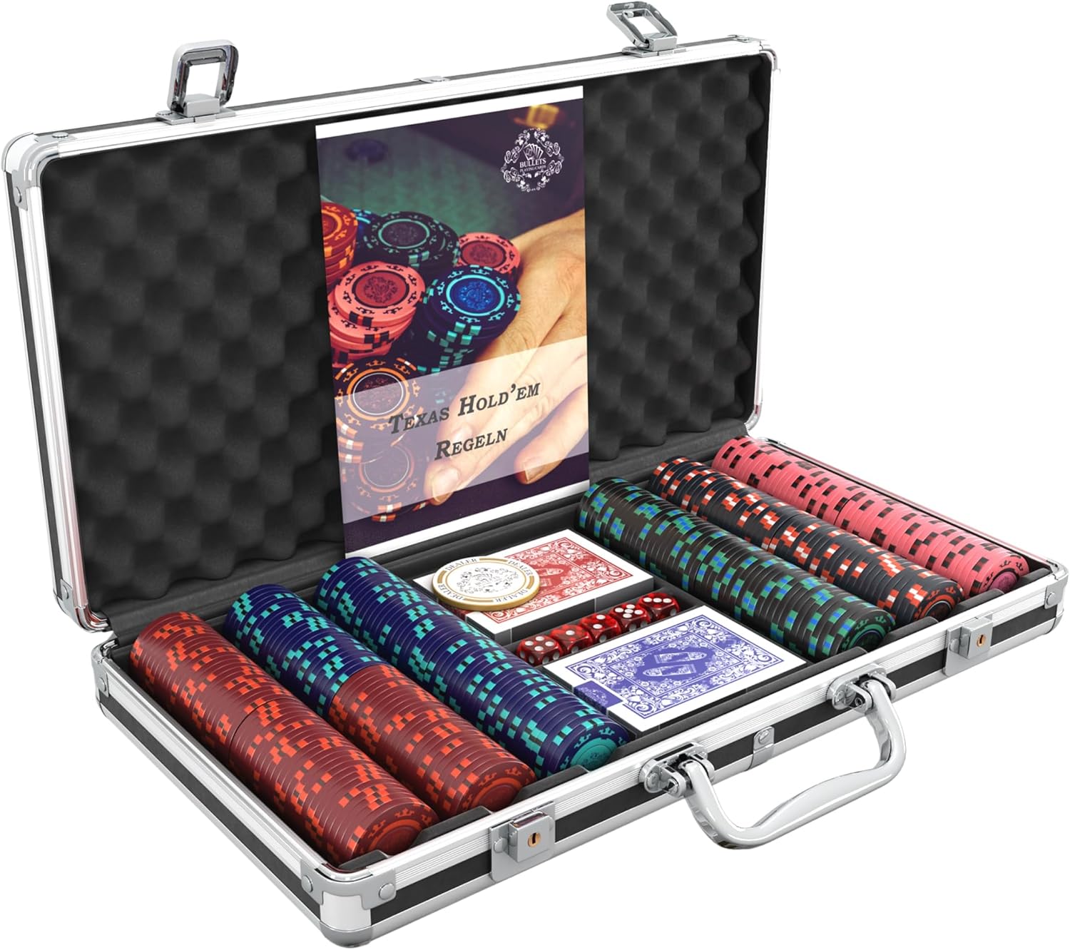 Bullets Playing Cards | Poker Set Corrado | 500 Clay Poker Chips (14 g) with Aluminum Case & Playing Cards – Texas Hold’em