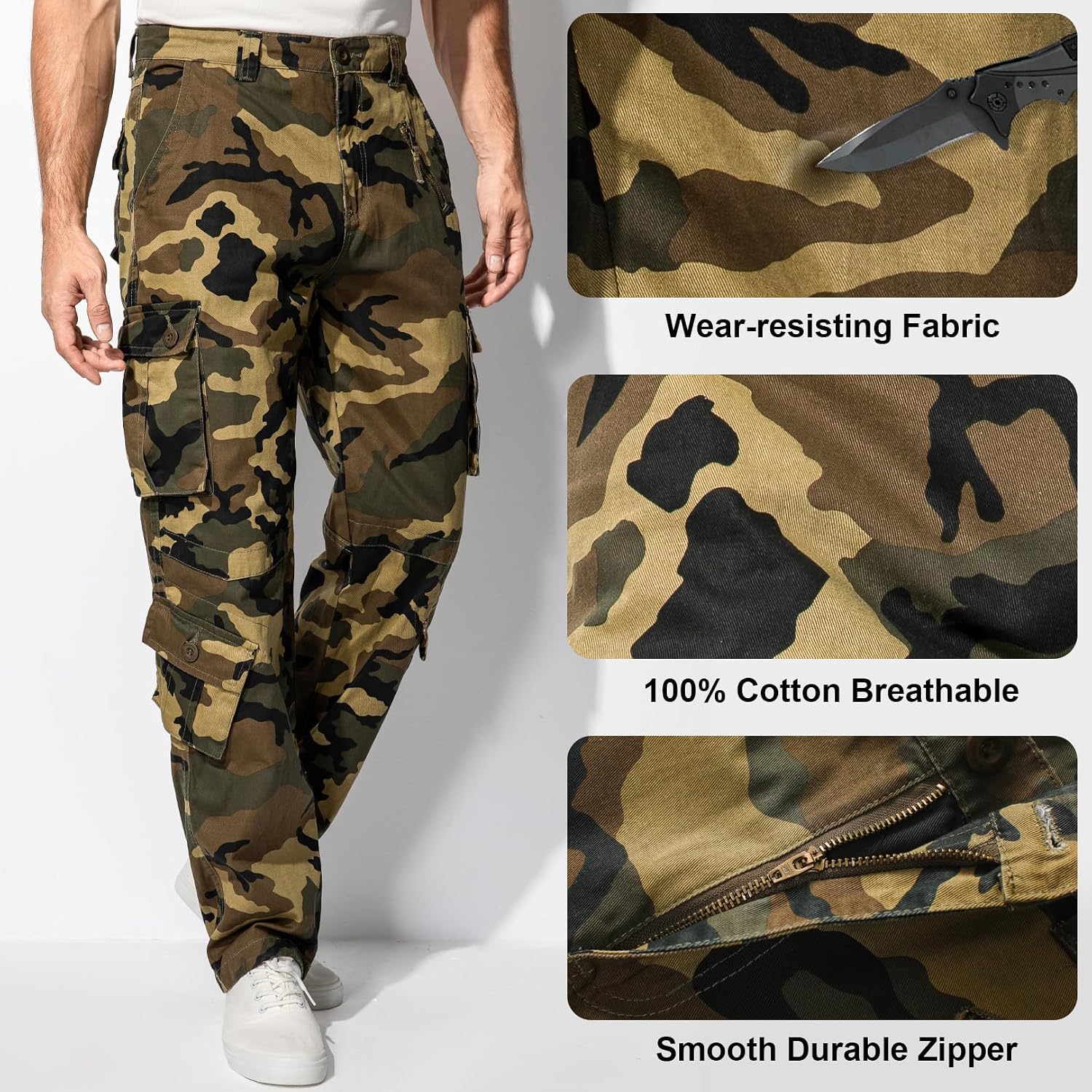 Mens Cargo Pants Camo Work Tactical Rip Stop BDU Casual Army Military Pants | 100% Cotton,Wear Resistant,Breathable,Sweat-absorbent,Men's Wild Cargo Pants with 8 Pockets,Relaxed Loose Fit Hiking Pants