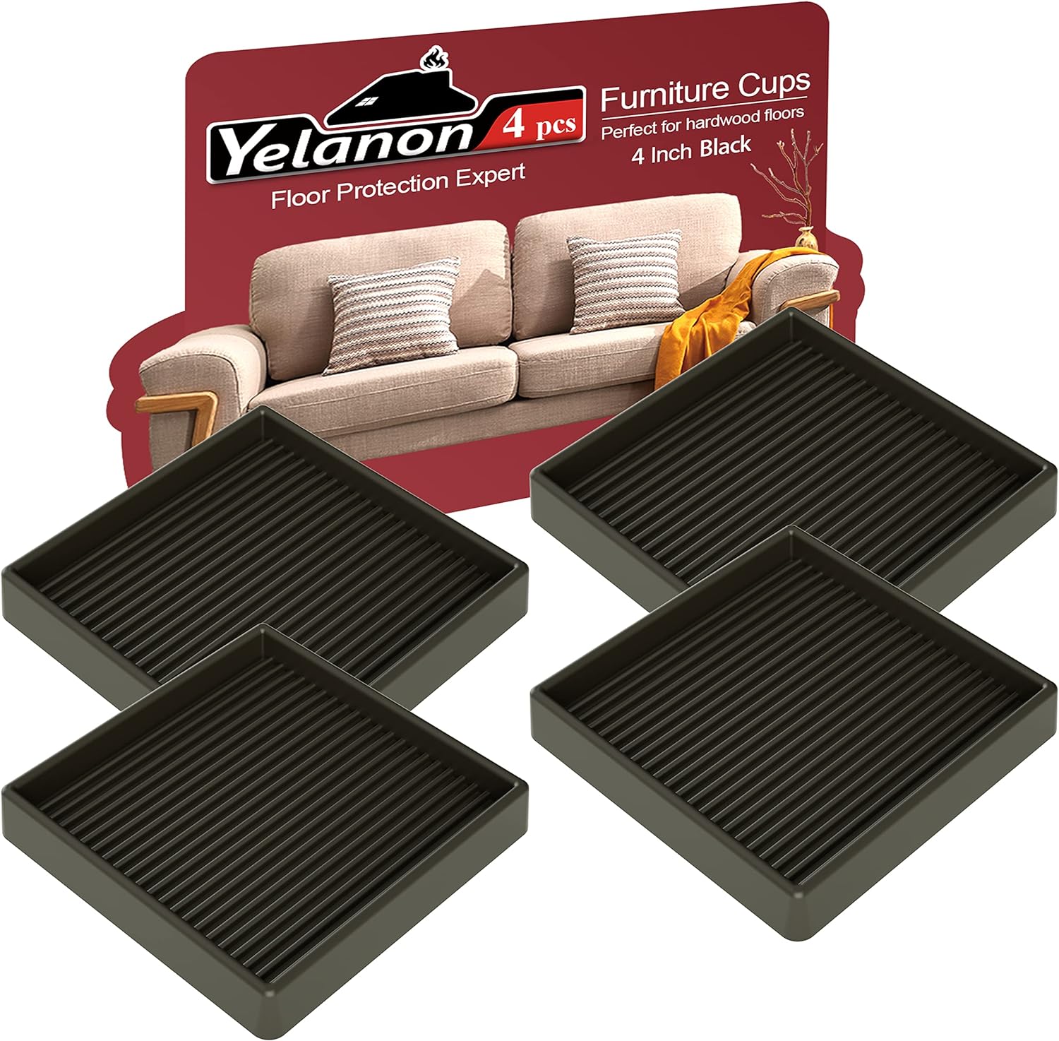 Yelanon Furniture Coasters 8 Pcs 3" Square Brown Caster Cups for Hardwood