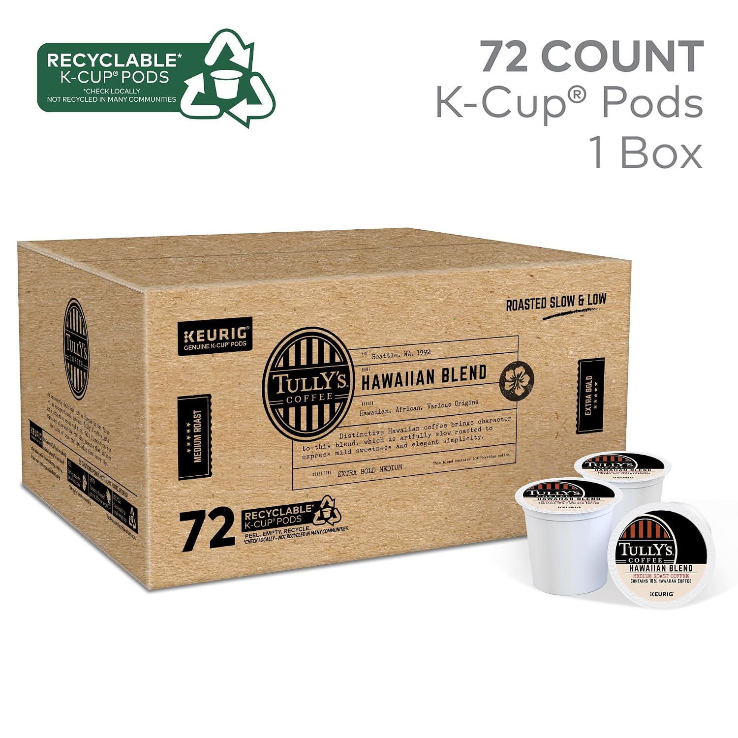 Tully's Coffee Hawaiian Blend Keurig Single-Serve K-Cup Pods, Medium Roast Coffee, 96 Count