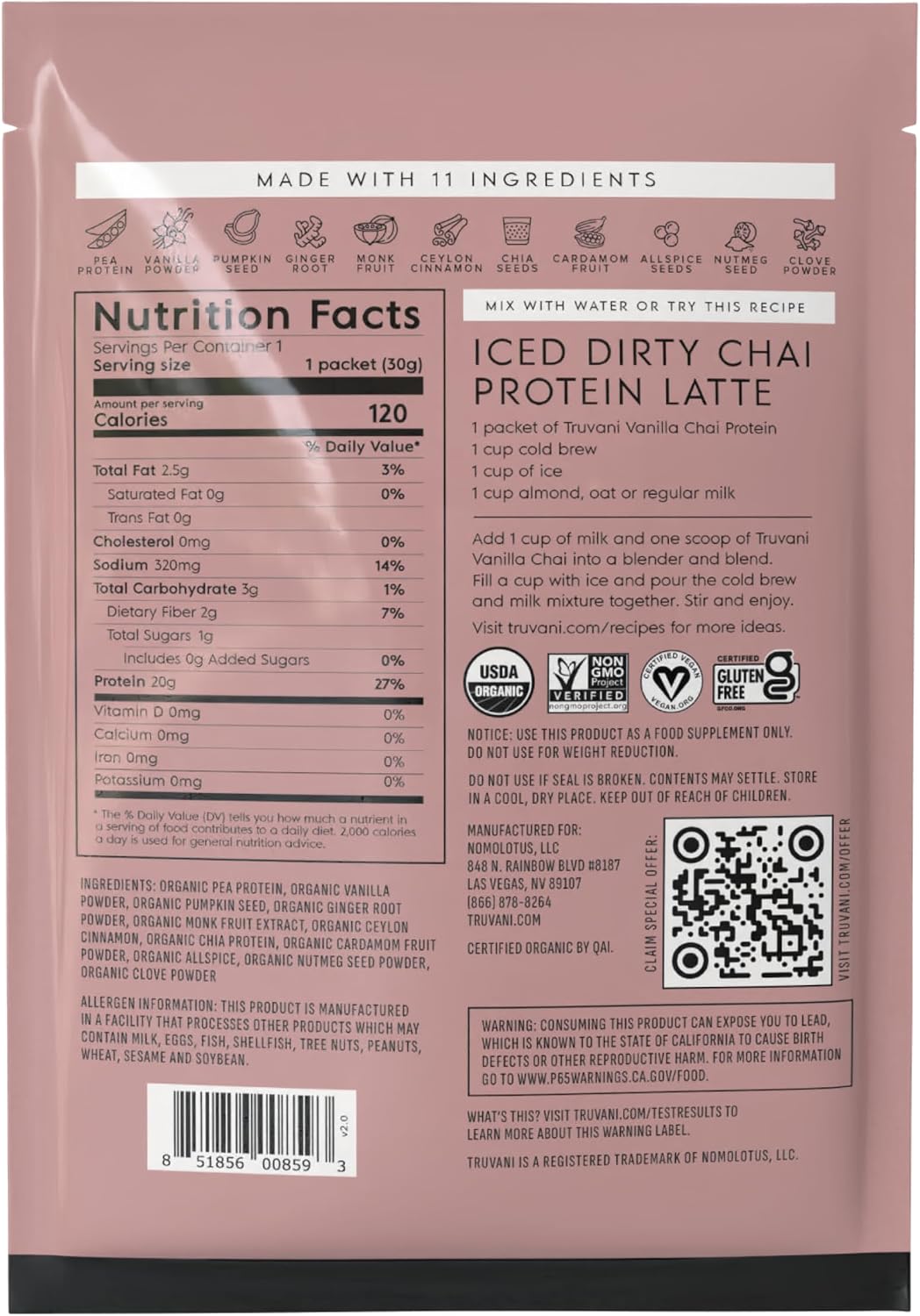 Truvani Organic Plant Based Protein Powder | Chocolate | 1 Serving