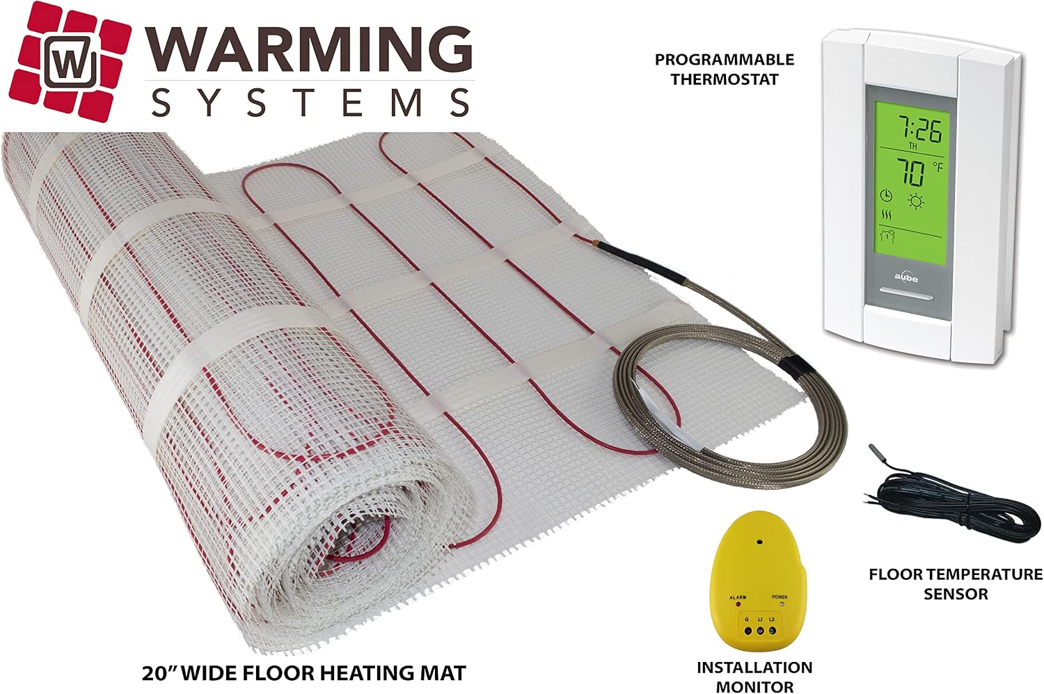 40 Sq Ft 120V Electric Floor Heating System Mat Kit | Premium UDG4-4999 touchscreen thermostat with built-in GFCI, Heating mat, floor sensor & installation monitor included.