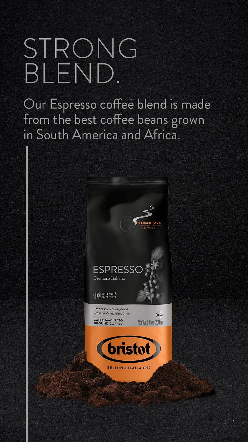 Bristot Espresso Cremoso Italiano Ground Coffee – Medium Roast, Rich & Smooth – 8.8oz (250g) Bag – Italian Ground Espresso for Home Machines