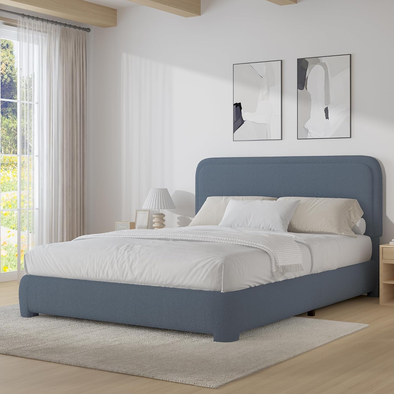 BarnFurin Full Bed Frame, Cloud Boucle Headboard, Rounded Corners, White | Soft boucle and rounded edges create a low-profile cloud look. Wooden slats support the mattress without a box spring
