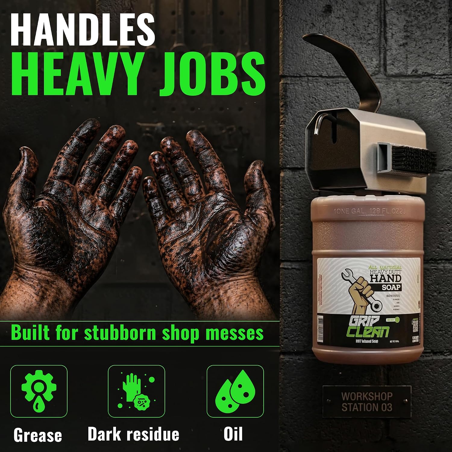 Grip Clean Heavy Duty Hand Cleaner For Mechanics, Natural Pumice, 64 Oz | Clay Infused, Grease, Oil, Grime Remover, Moisturizing Coconut Olive Oils, Lime Scent, For Shop, Garage, Industrial Use
