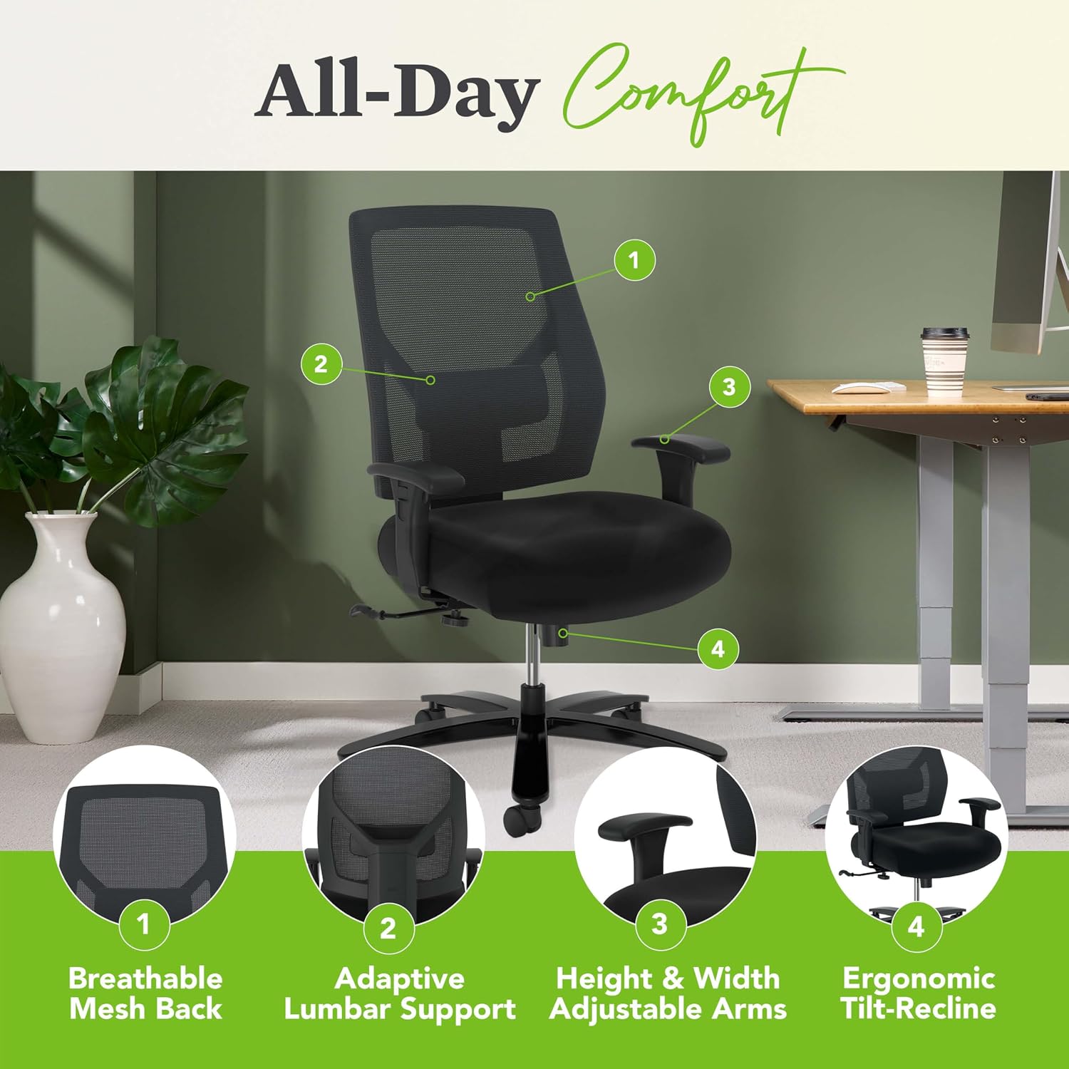 HON Crio Big and Tall Ergonomic Office Chair, Heavy Duty Desk Chair, Black | Big and tall ergonomic office desk chair for desk work, lumbar support, adjustable arms, mesh comfort, 450 lb capacity