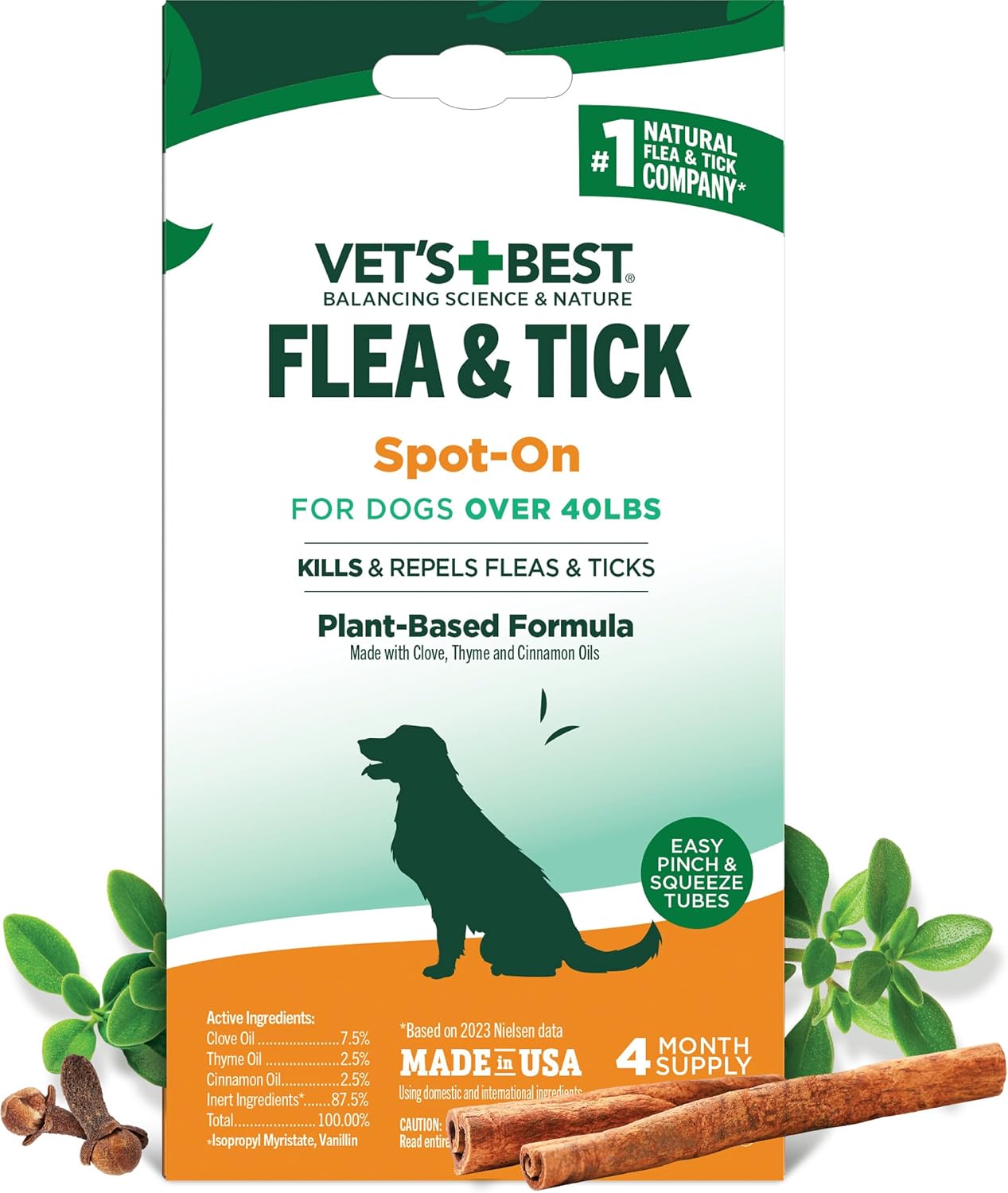 Vet's Best Flea & Tick Drops for Large Dogs, Flea Protection, 4Month Supply | Plant-Based Spot-On Treatment, Essential Oils, Helps Prevent Fleas & Ticks, Four Monthly Applications for Dogs
